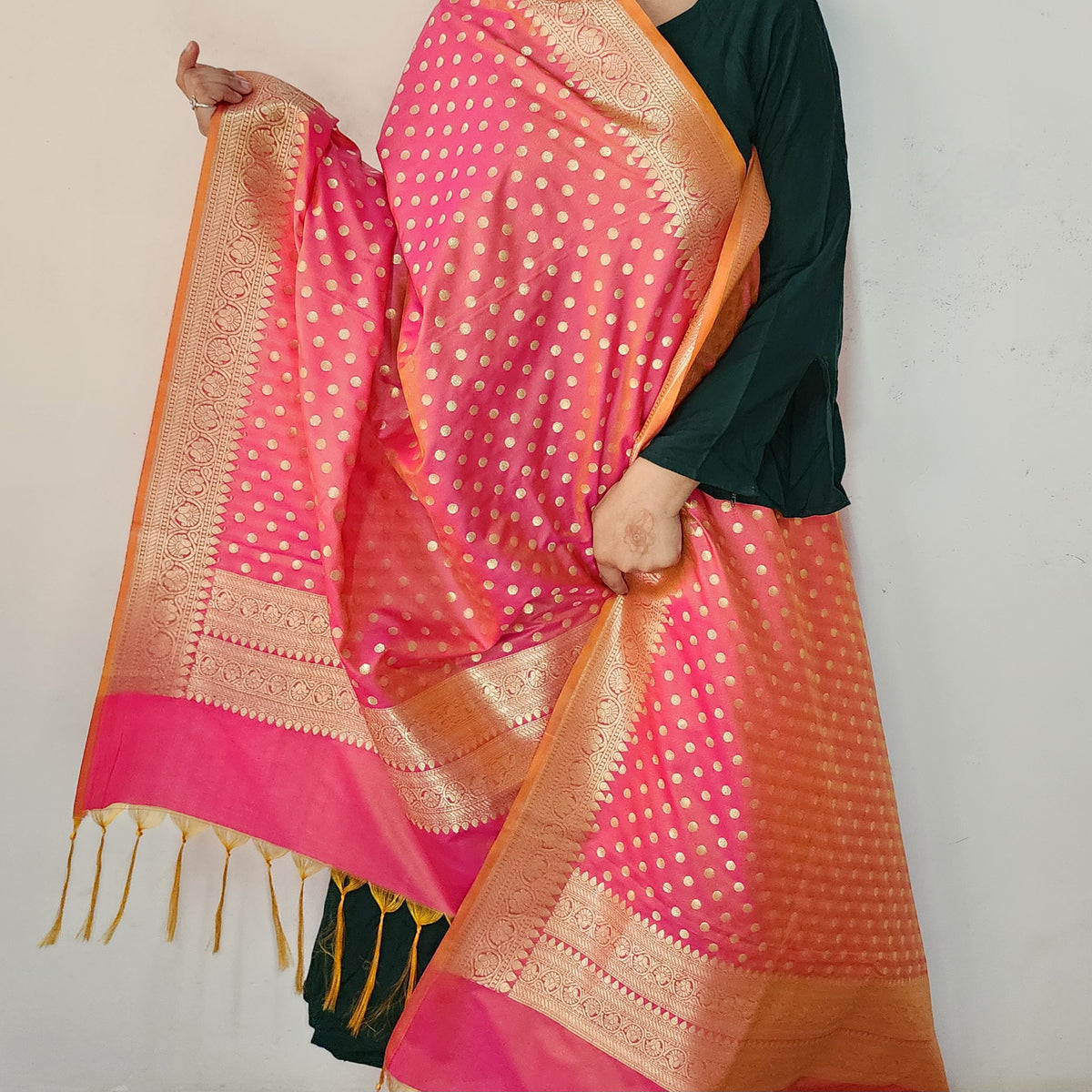 Coral Red Banarasi Silk Dupatta with Gold Polka Dot