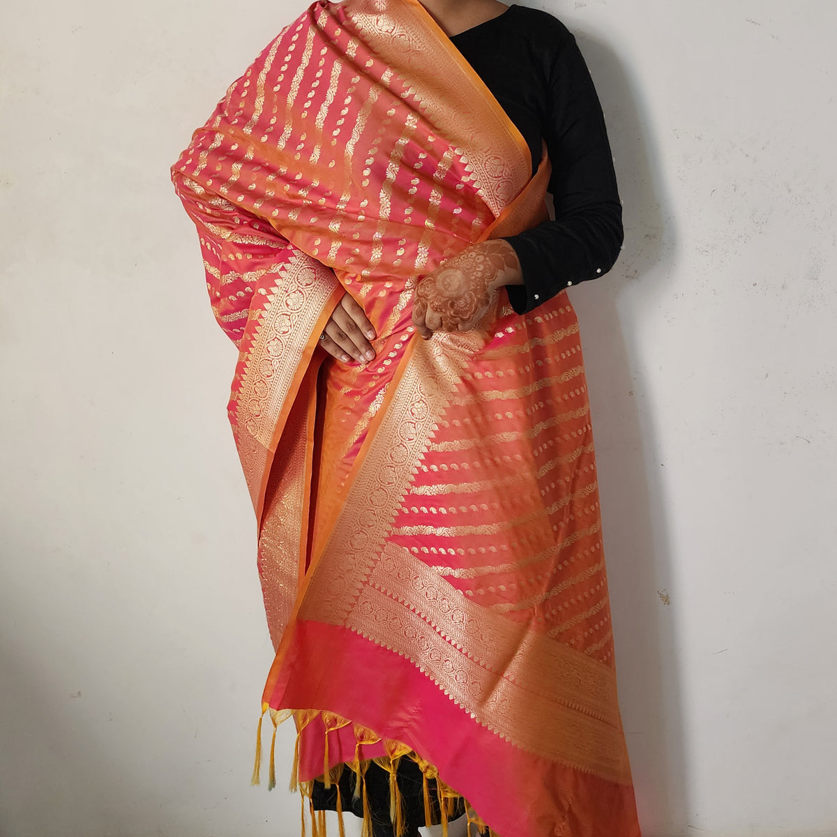 Peach Orange - Banarasi Leheriya Style Dupatta