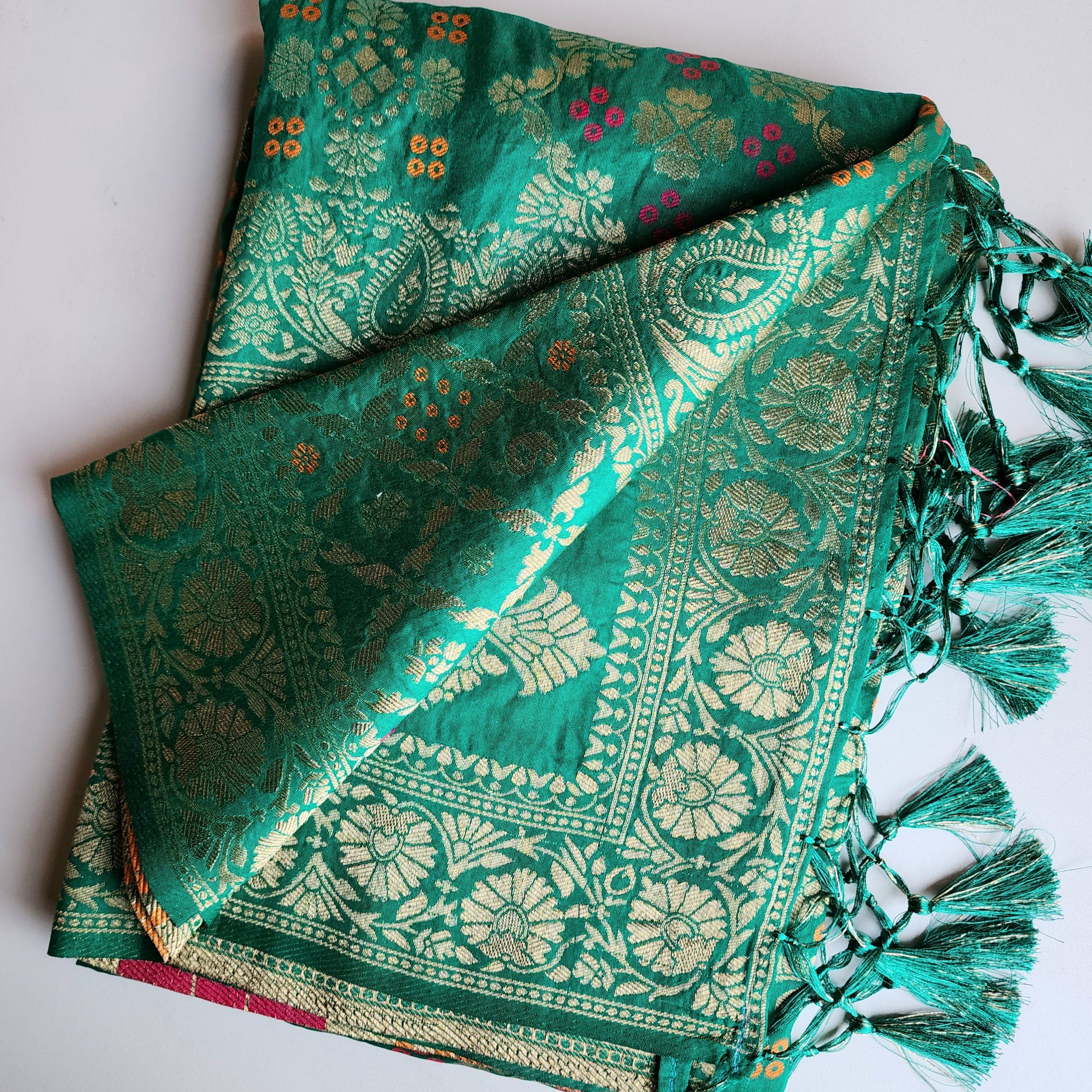 Sea Green Bandhani Dupatta with Floral and Geometric Zari Weave