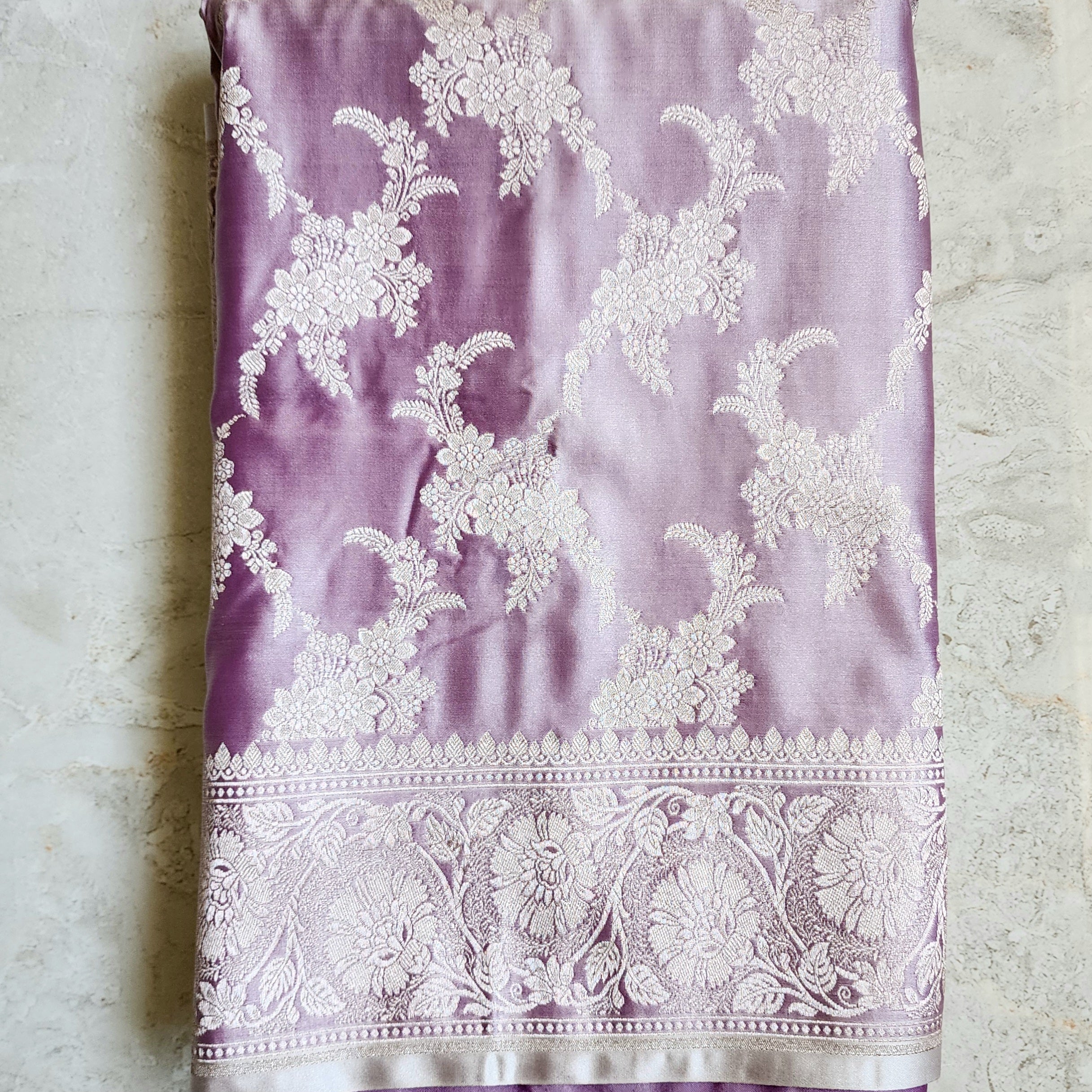 Dusty Lilac Banarasi Katan Silk Saree with Floral Vine Jaal
