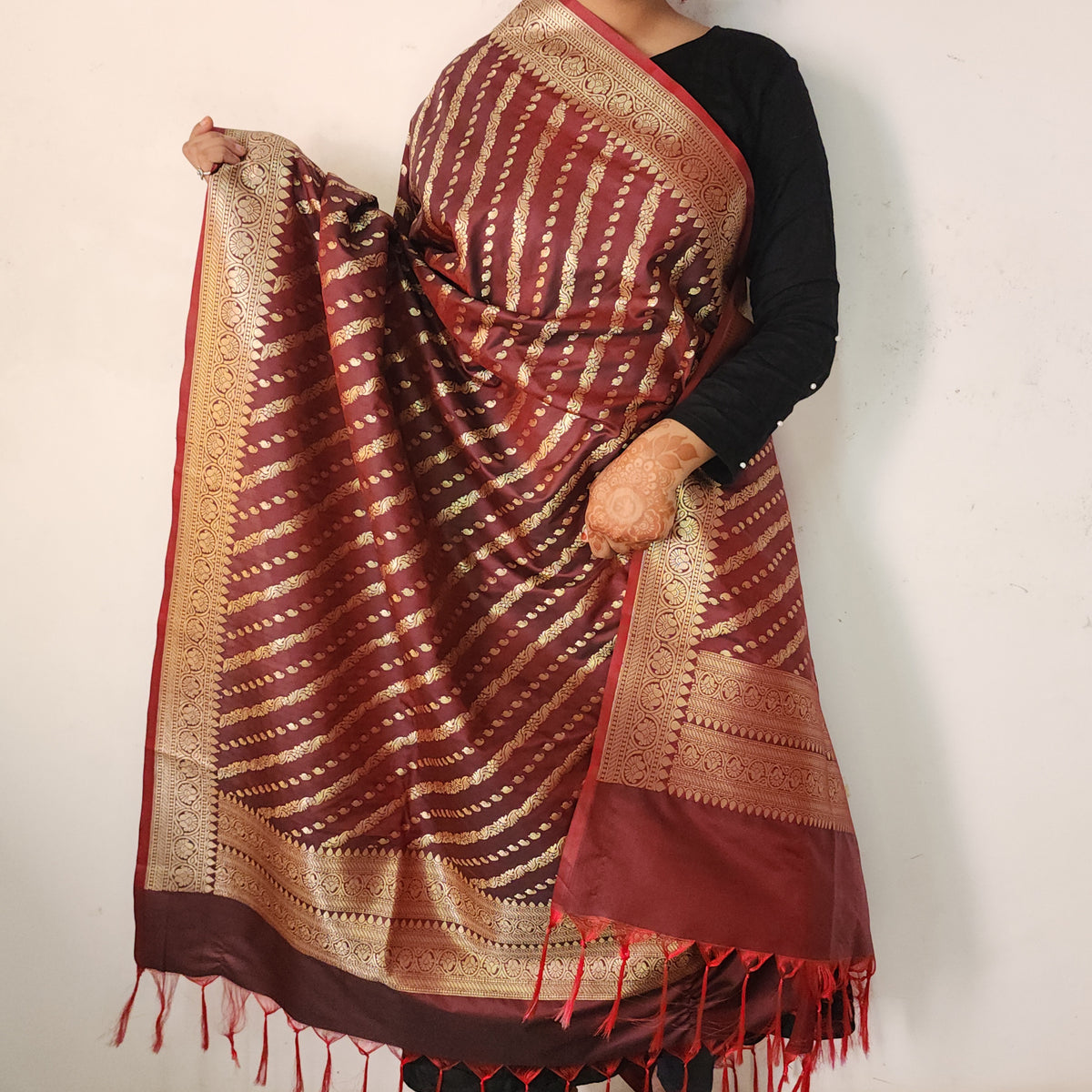 Deep Burgundy - Banarasi Leheriya Style Dupatta
