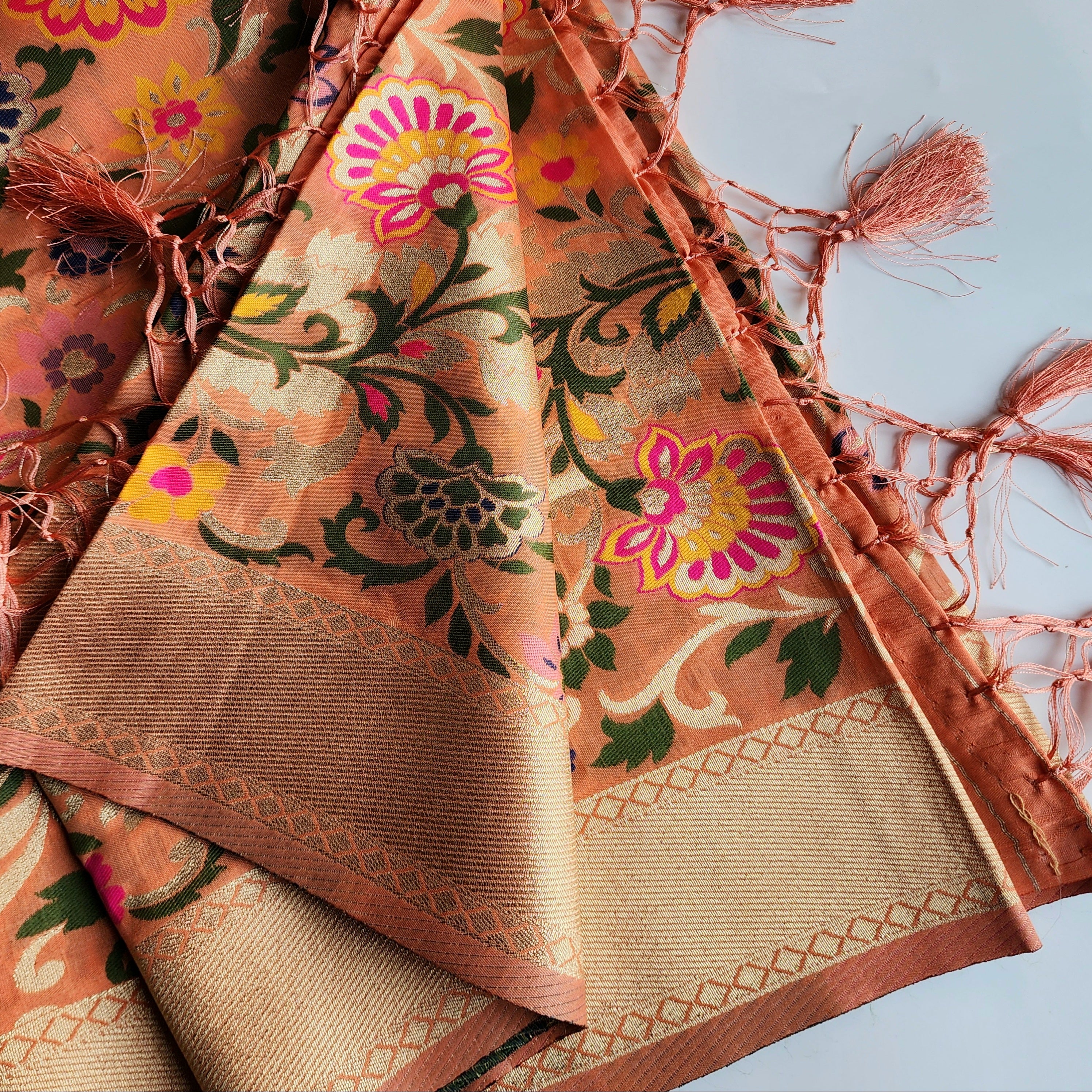 Banarasi Silk Peach Dupatta with Multicolor & Gold Floral Handweaving