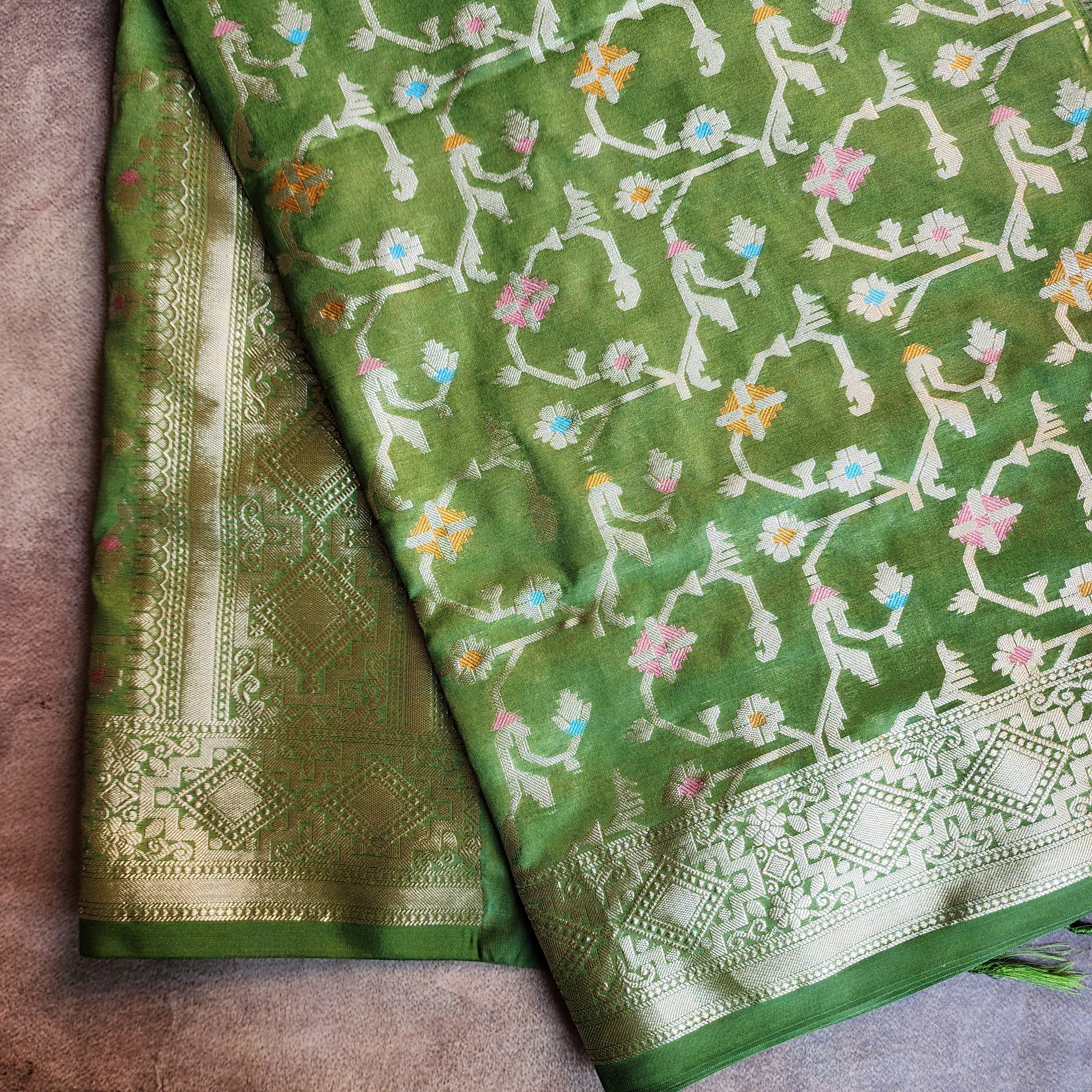 Golden Grid Banarasi Silk Dupatta with Meenakari Work in Mehendi Green