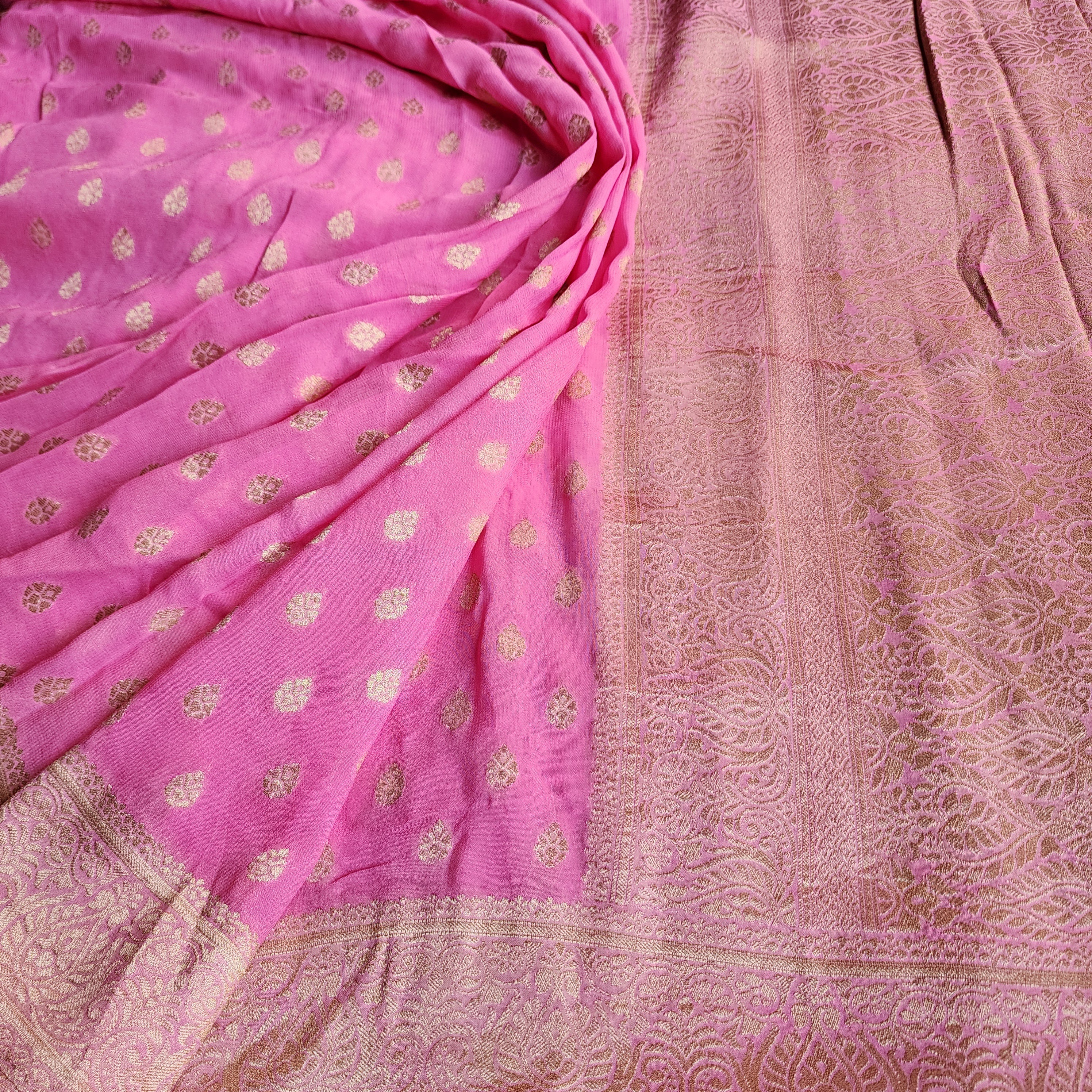 Light Pink Khaddi Georgette Pure Banarasi Saree with Golden Zari