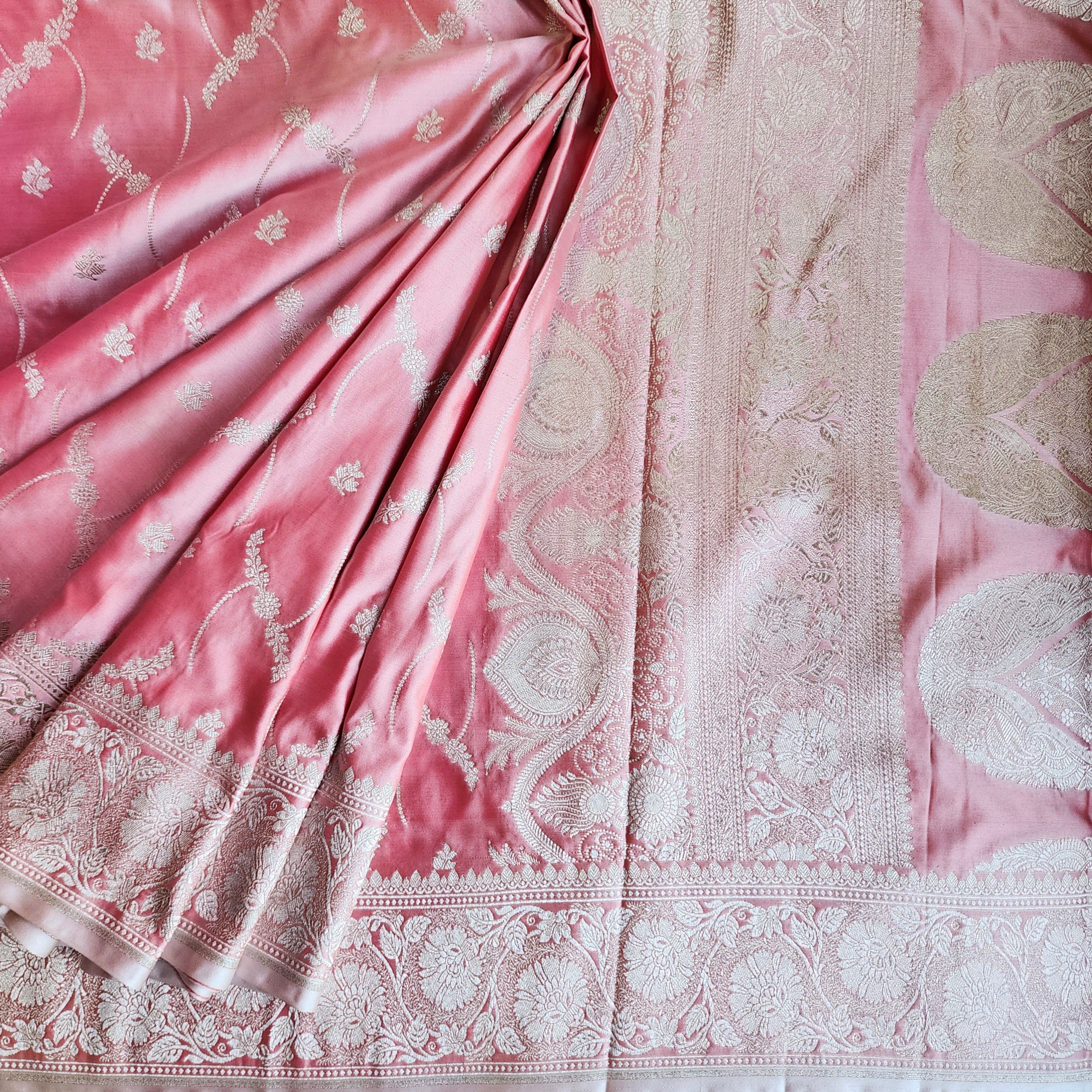 Pastel Baby Pink Banarasi Katan Silk Saree with Light Gold Zari weaving
