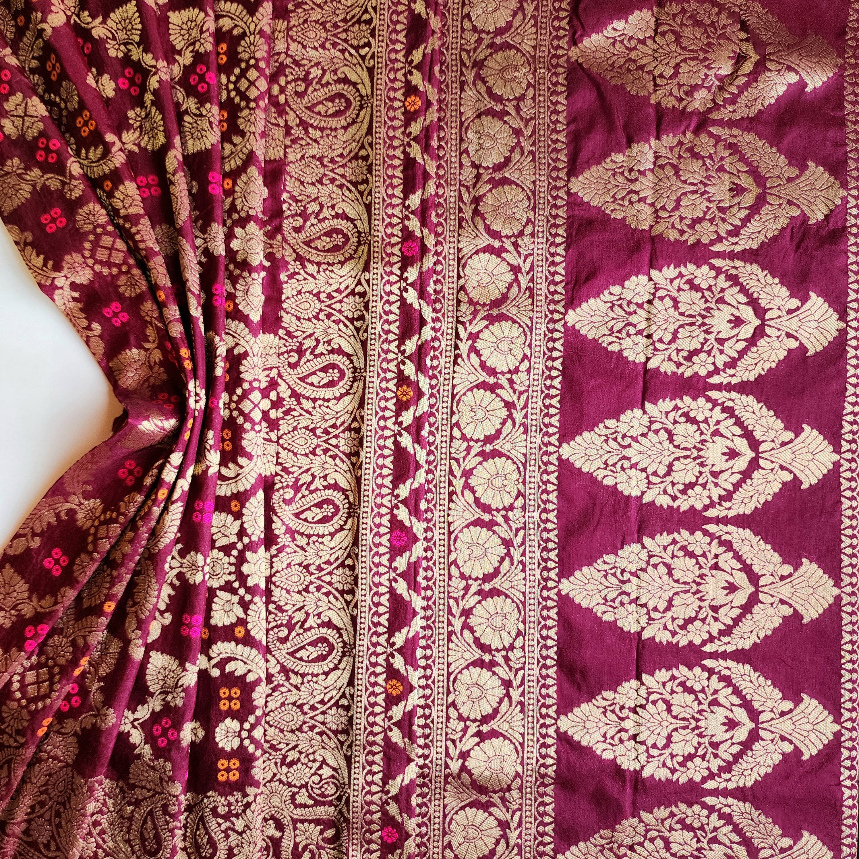 Deep Plum Bandhani Dupatta with Floral and Geometric Zari Weave