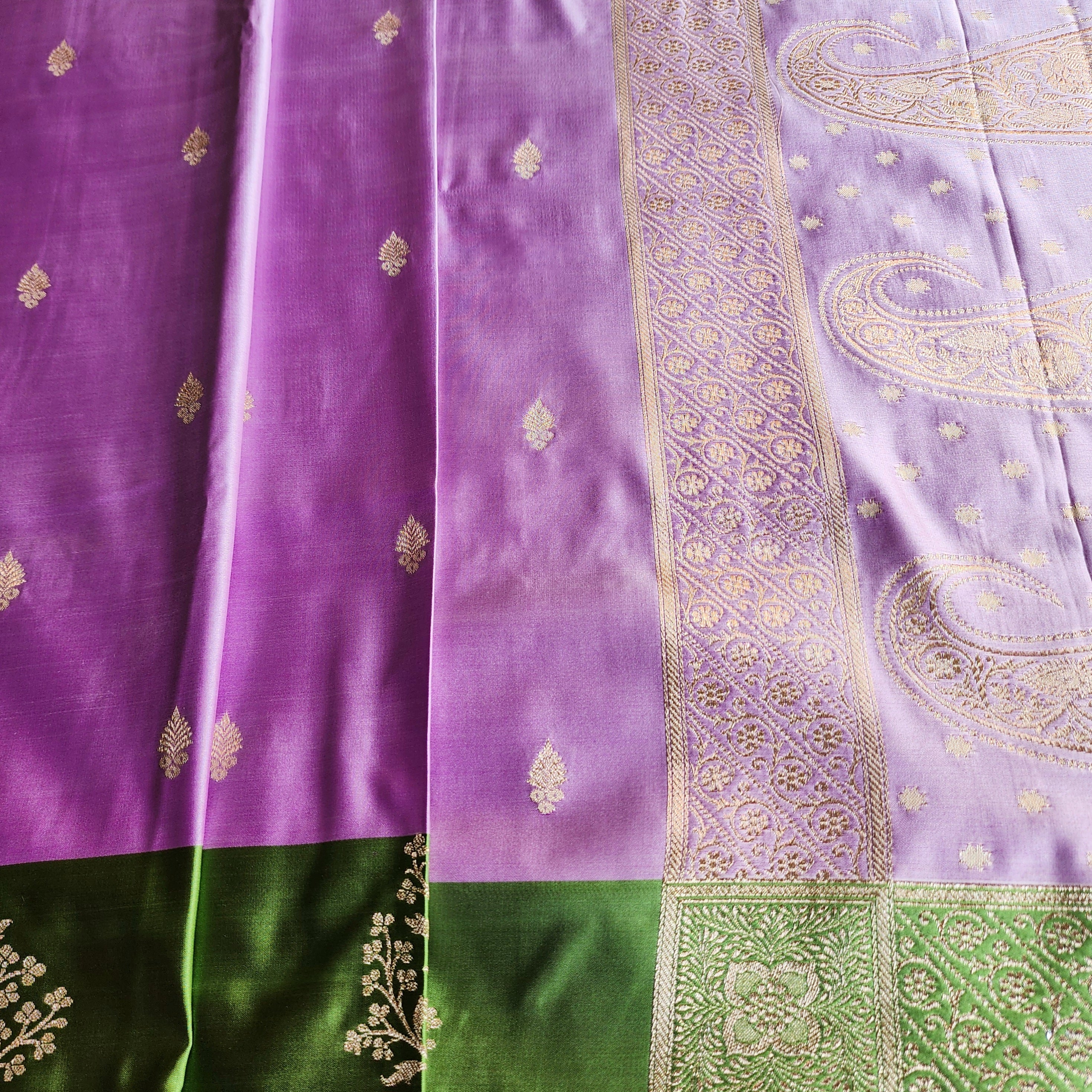 Lavender Katan Silk Saree with Parrot Green Gold Zari Border