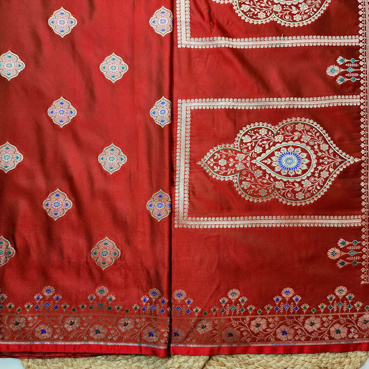 Red Banarasi Katan Silk Saree with Multicolor Meenakari Floral Jaal