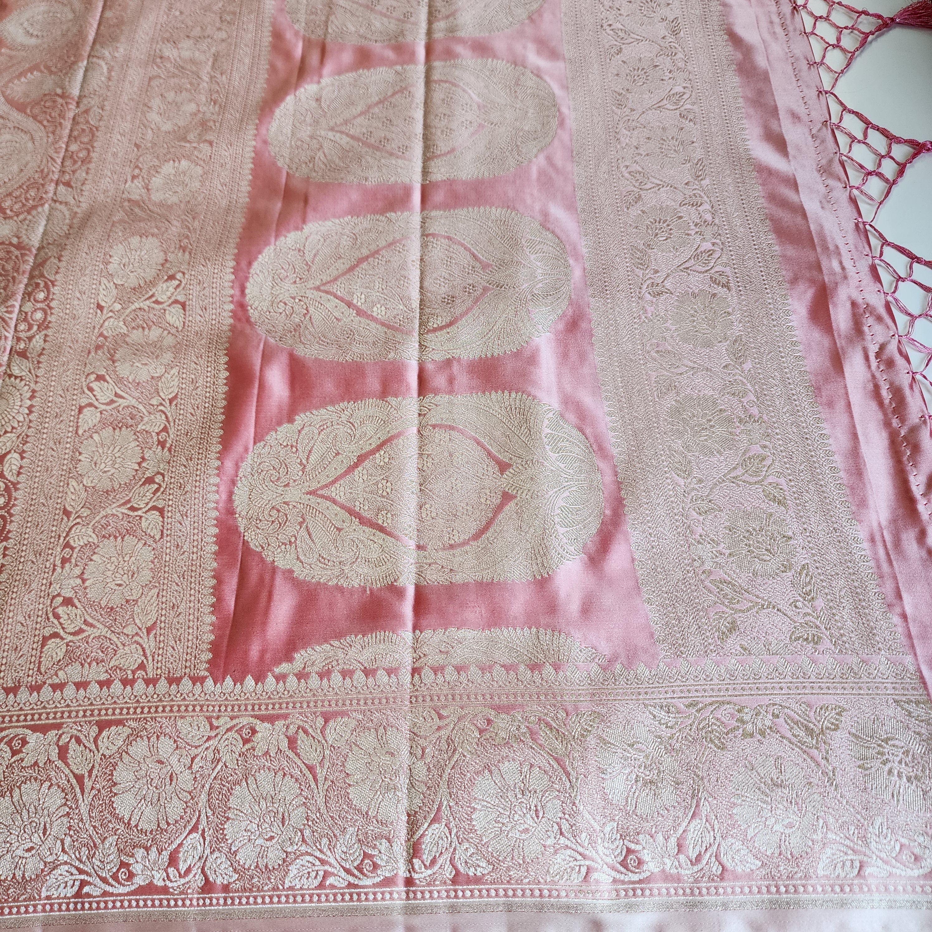 Pastel Baby Pink Banarasi Katan Silk Saree with Light Gold Zari weaving