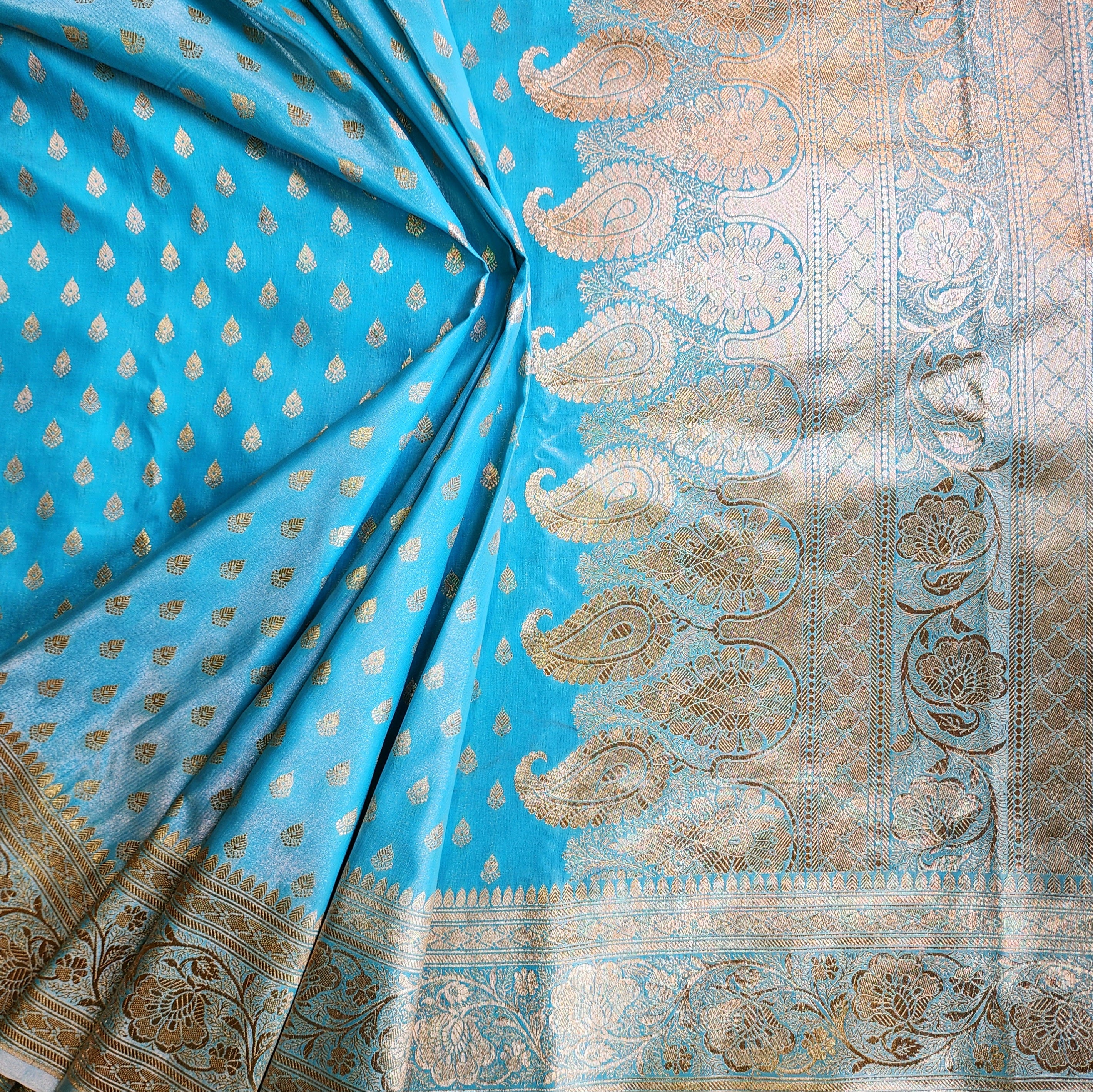 Rich Sky Blue Banarasi Silk Saree with Gold Zari Weaving