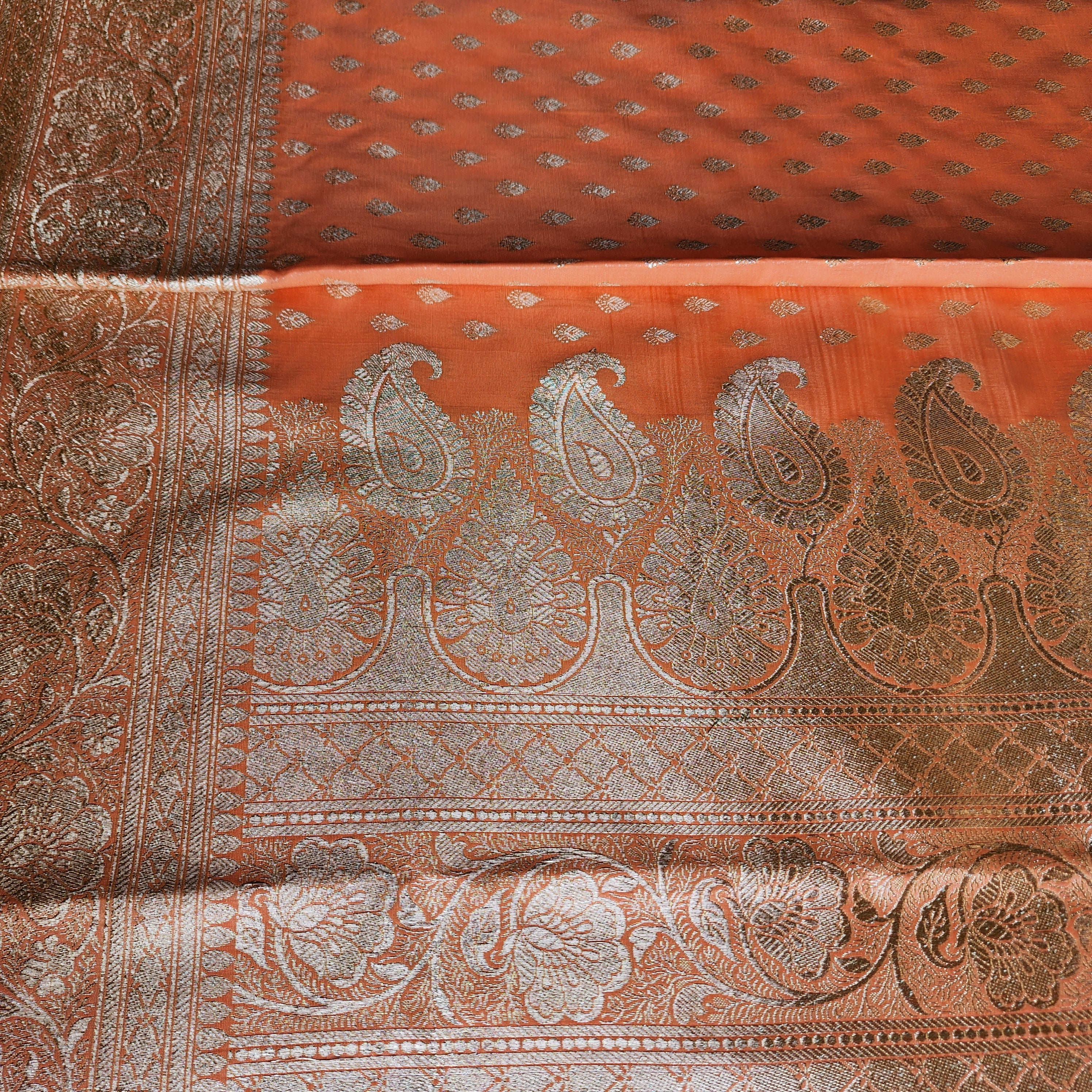 Rich Burnt Orange Banarasi Silk Saree with Gold Zari Weaving