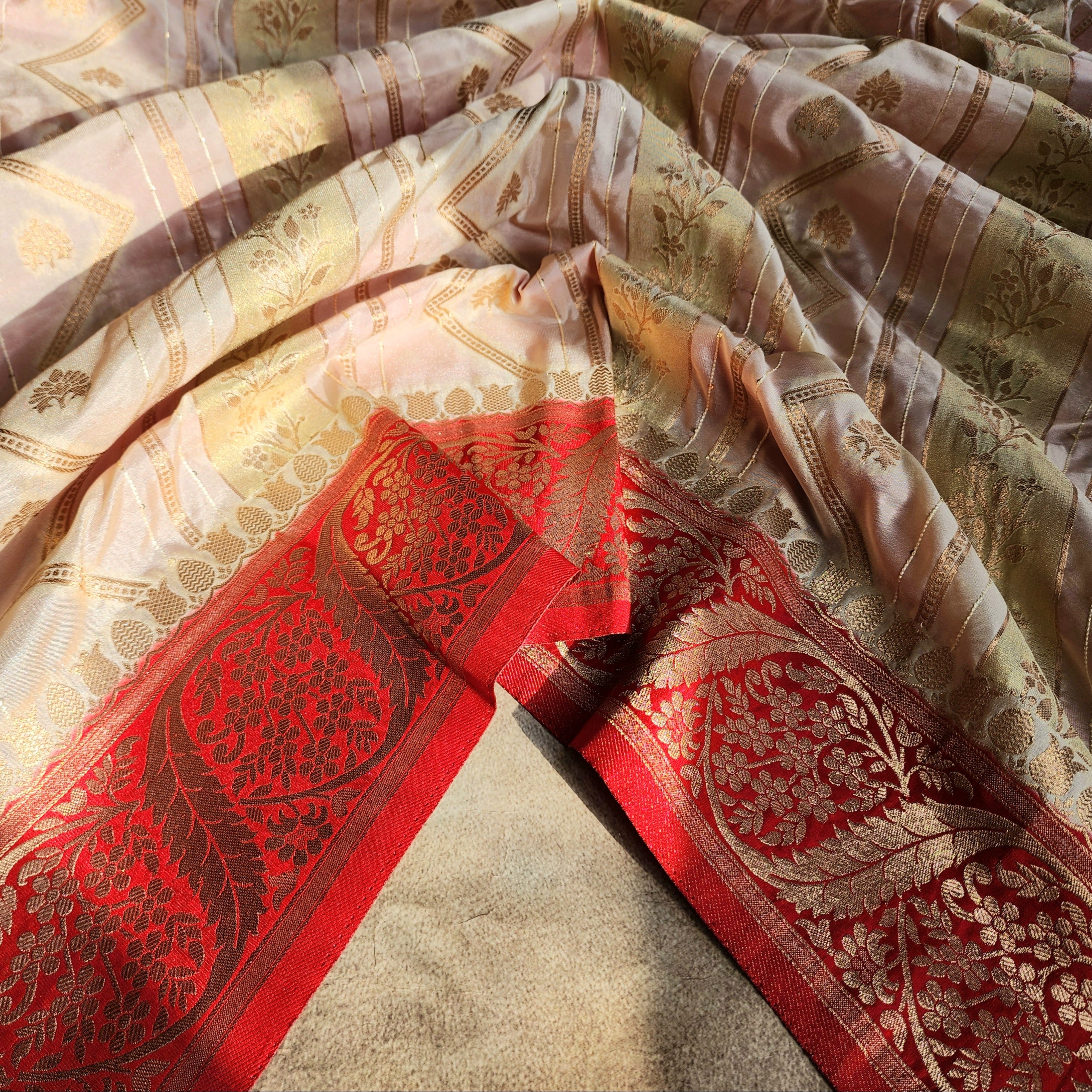 Rich White Crepe Georgette Silk Saree with Red Border and Gold Zari Detailing