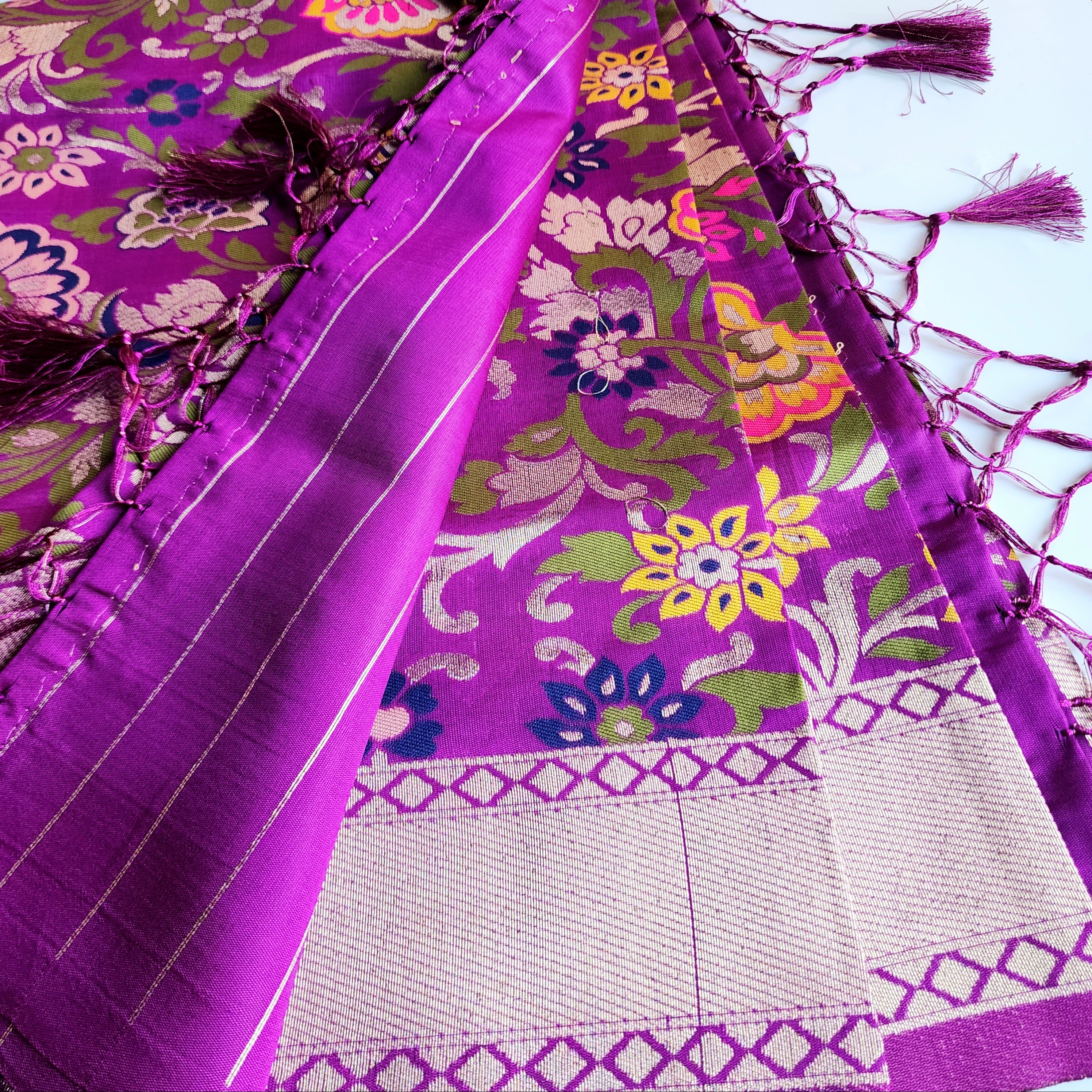 Banarasi Silk Dark Plum Dupatta with Multicolor & Gold Floral Handweaving