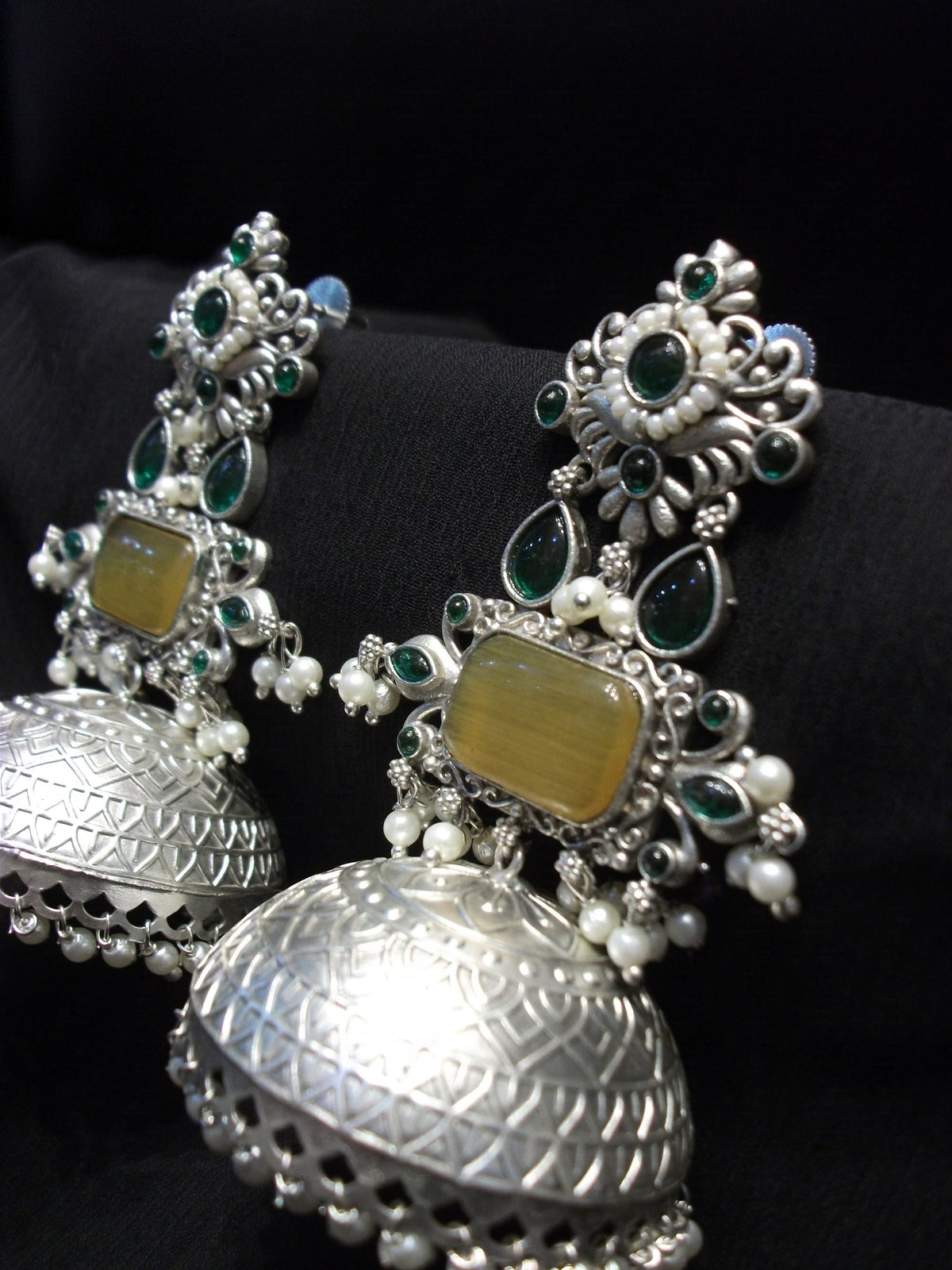 Antique Rectangular Yellow Cabochon Jhumka Earrings