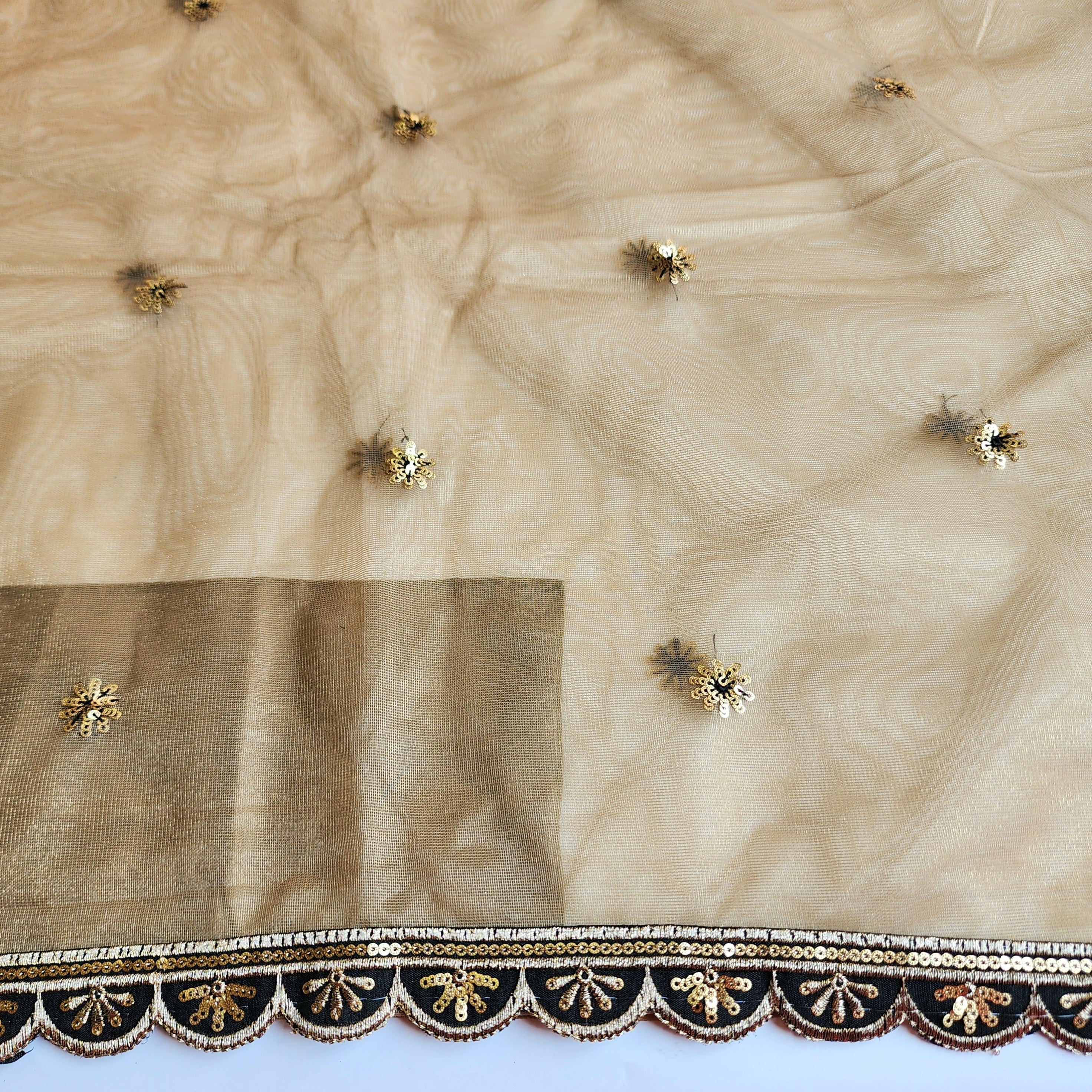 Beige Designer Net Saree with Heavy Embroidery Cut Work Border