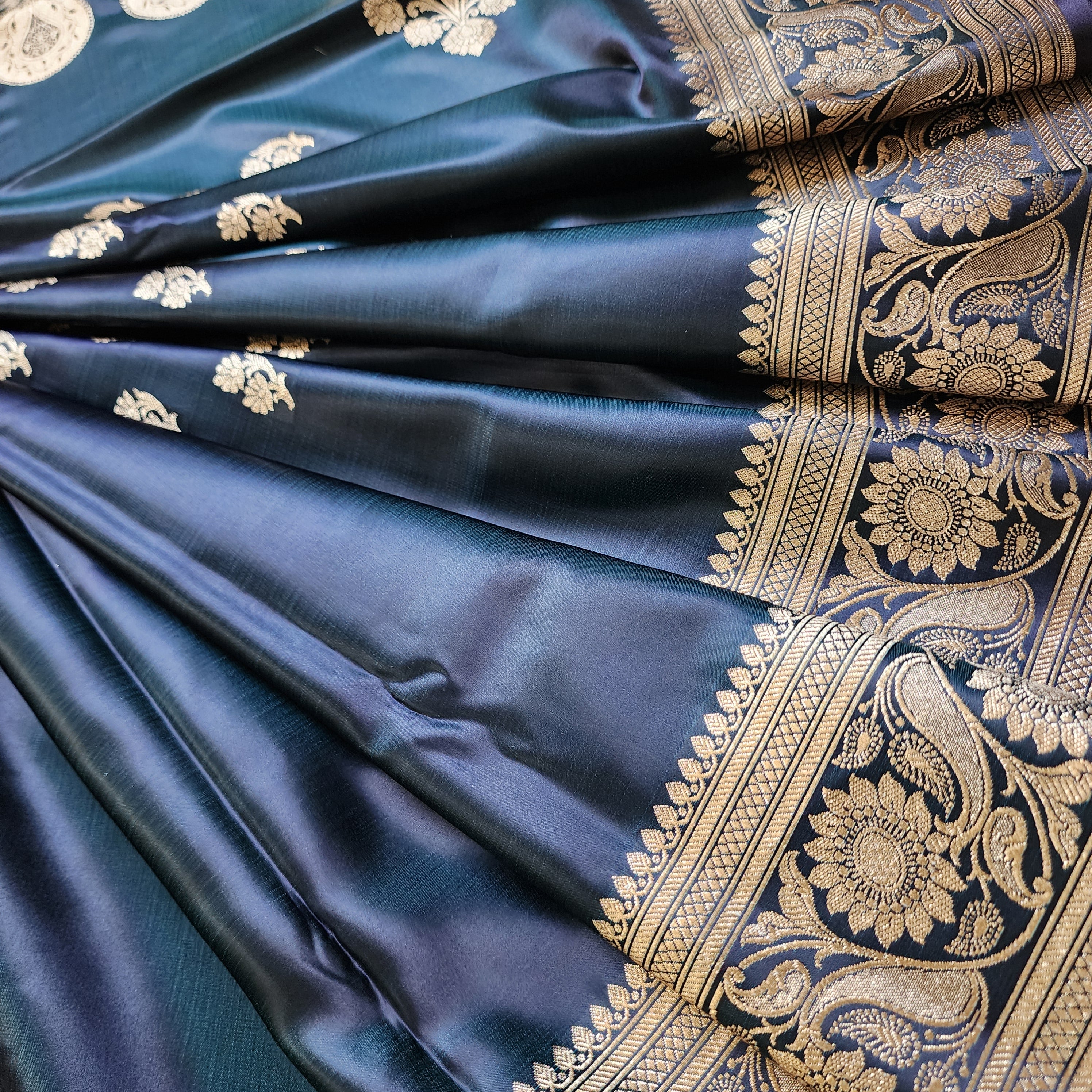 Teal Blue Pure Banarasi Katan Silk Saree with light Gold Zari Weaving