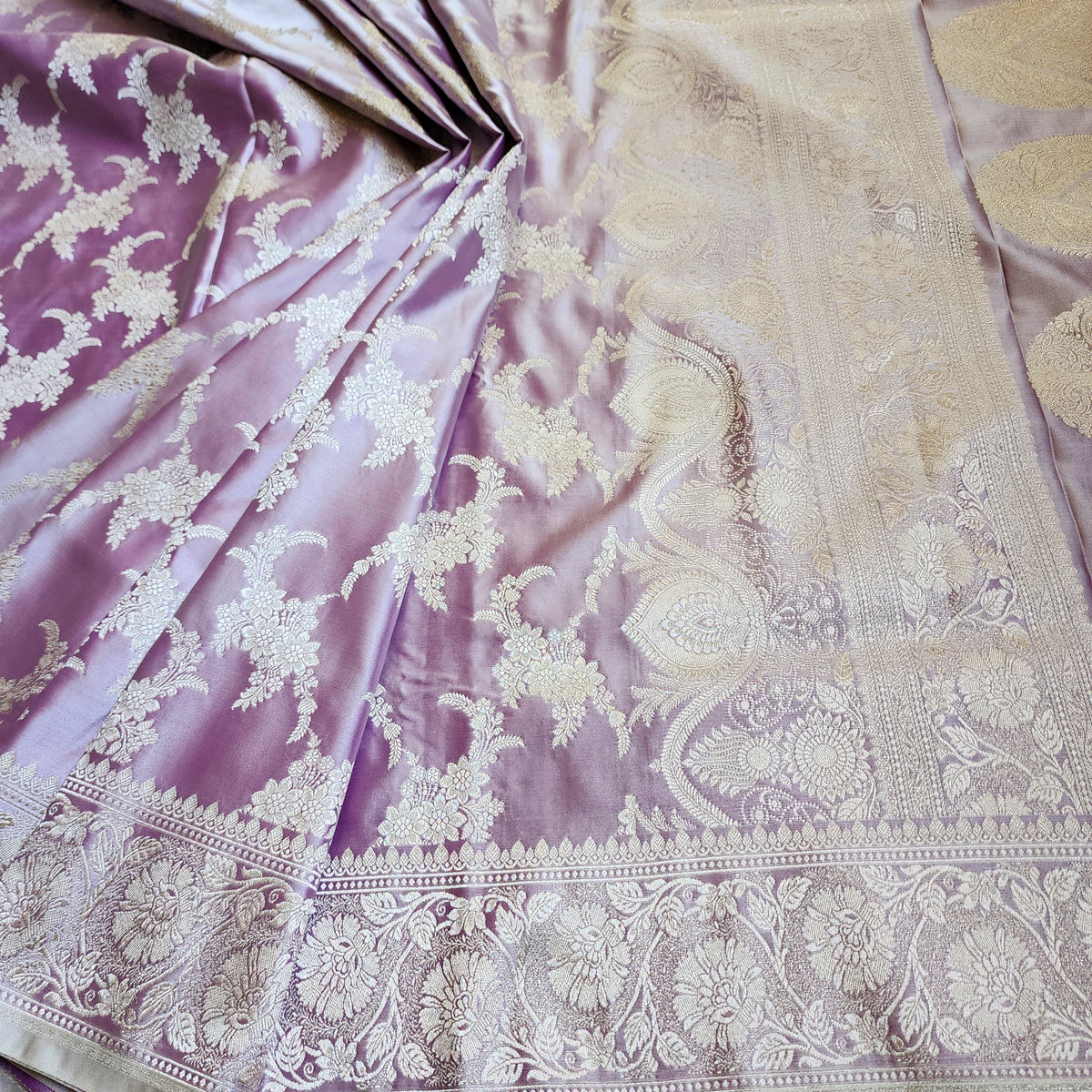 Dusty Lilac Banarasi Katan Silk Saree with Floral Vine Jaal