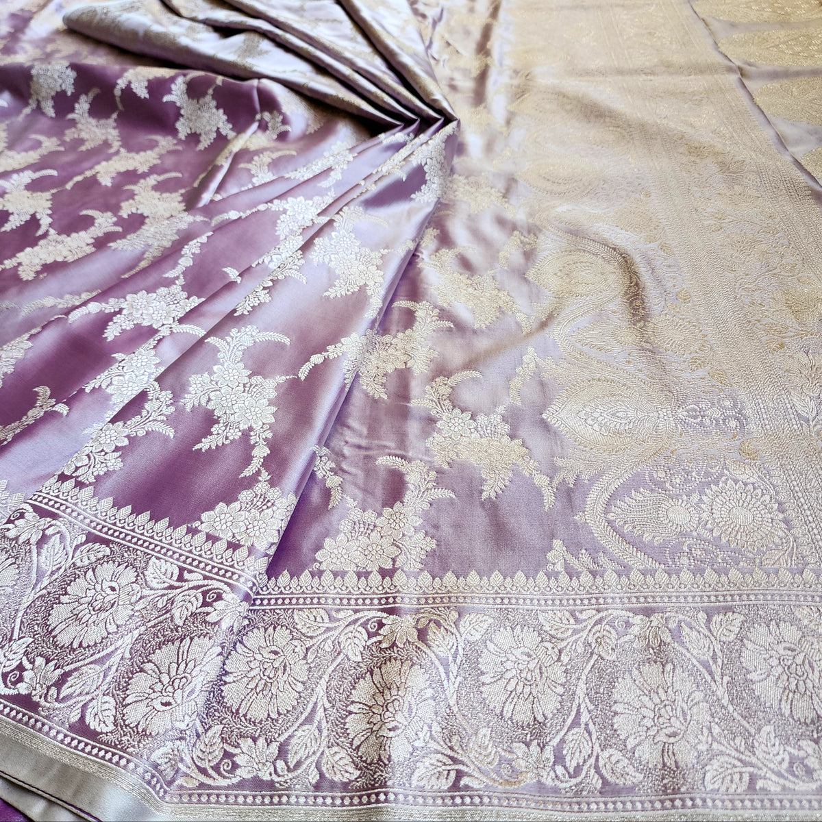 Dusty Lilac Banarasi Katan Silk Saree with Floral Vine Jaal