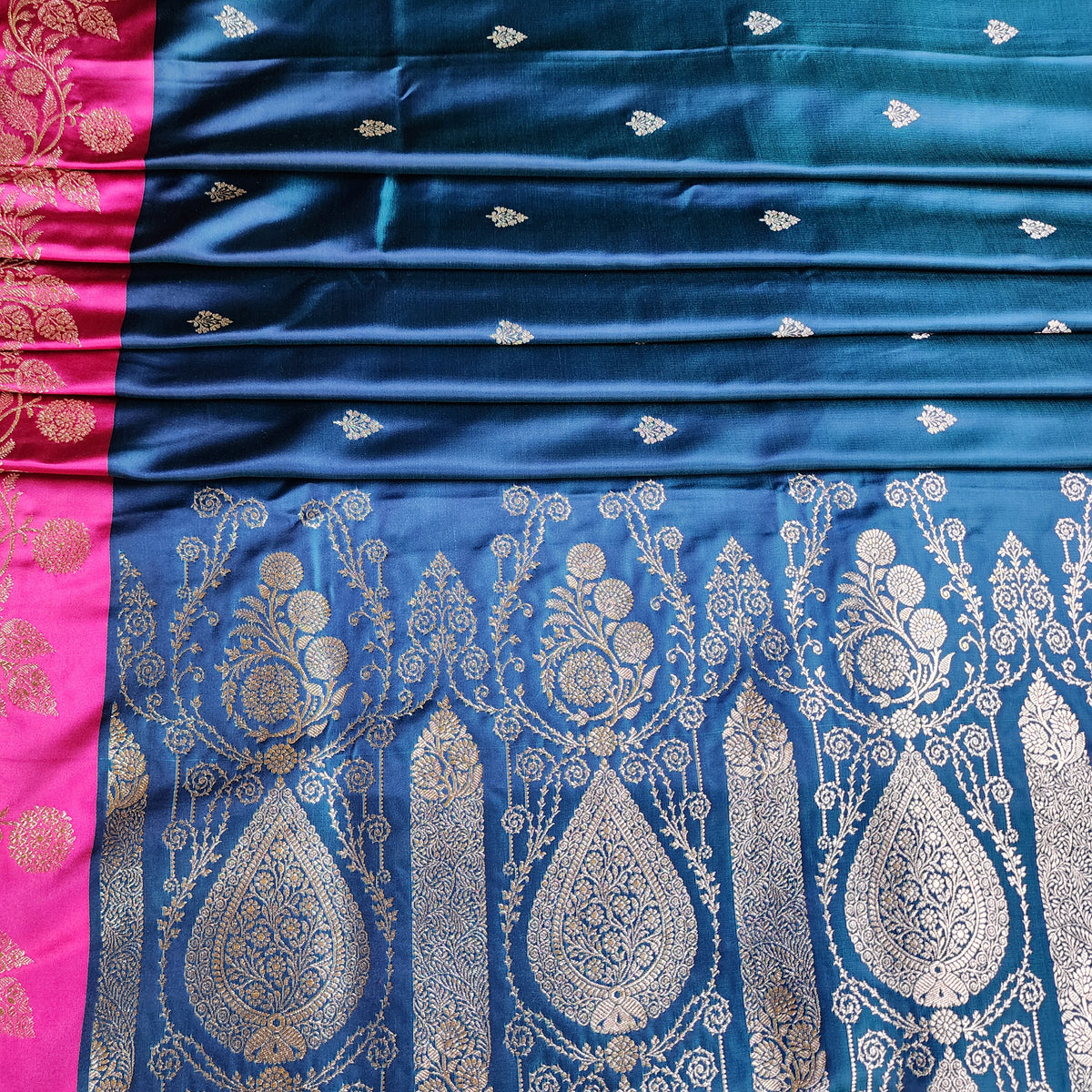 Midnight Blue Pure Banarasi Katan Silk Saree with Rani Pink Border