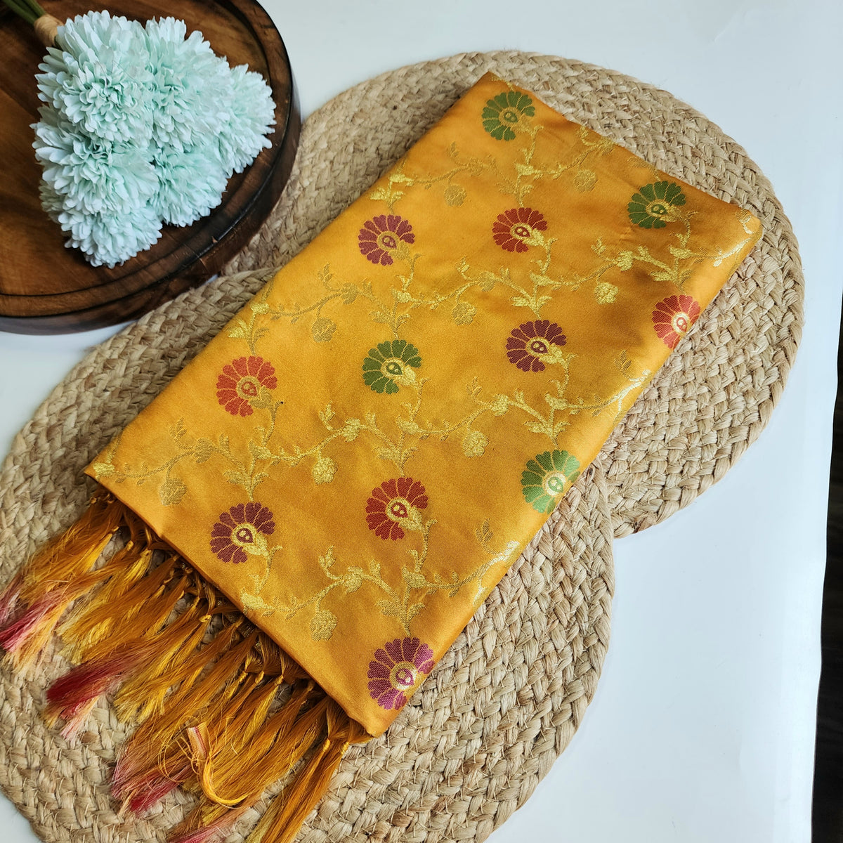 Banarasi Silk Floral Jaal Dupatta - Mustard Gold