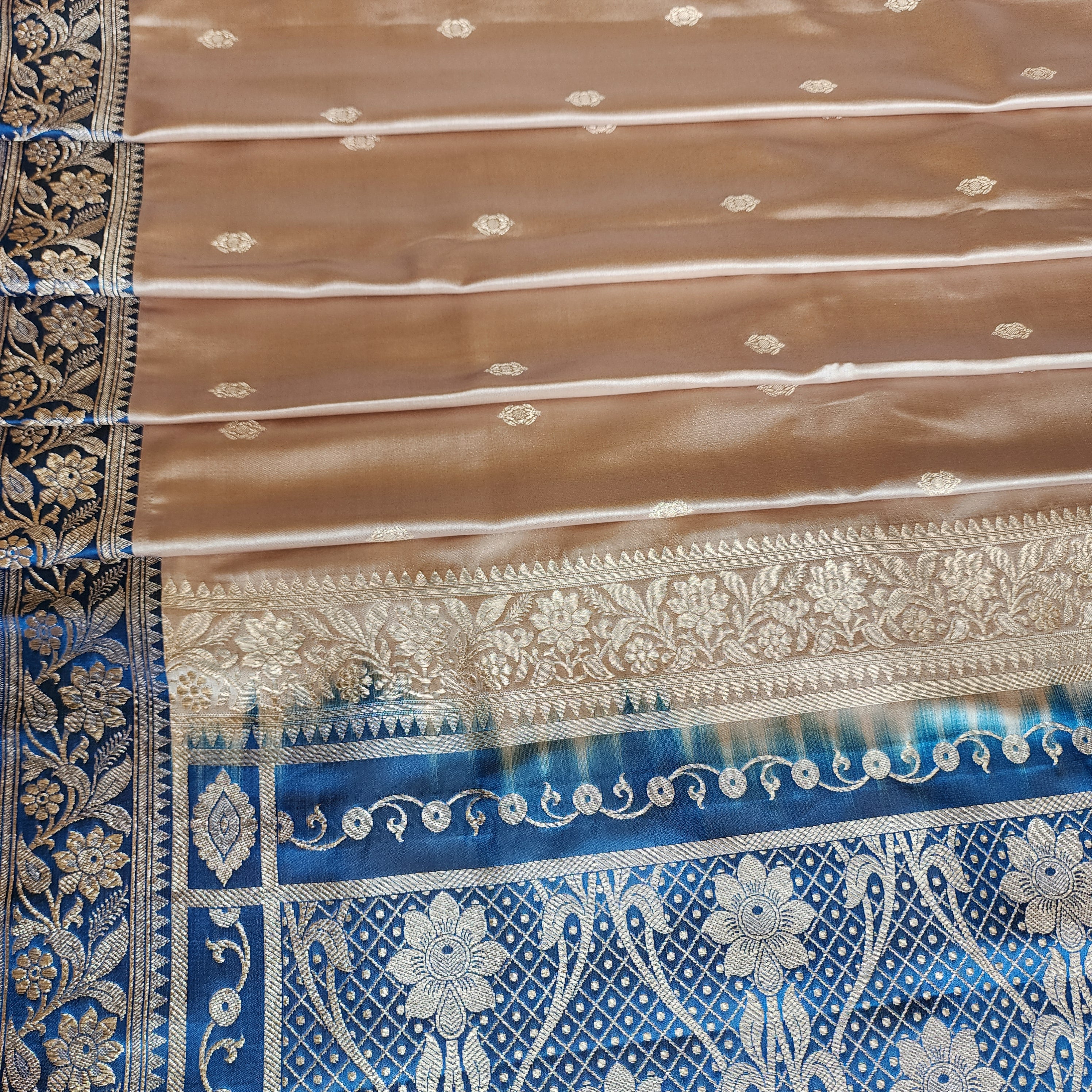 Champagne Beige Katan Silk Saree with Royal Blue and Gold Zari Border