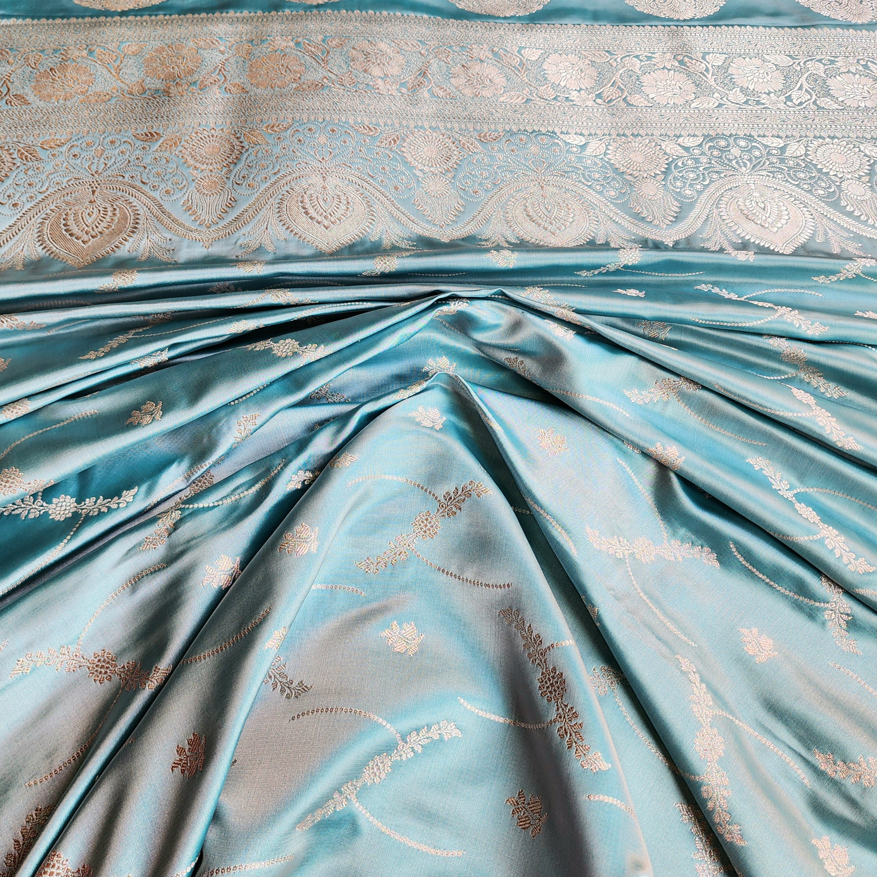 Pastel Sky Blue Banarasi Katan Silk Saree with Light Gold Zari weaving