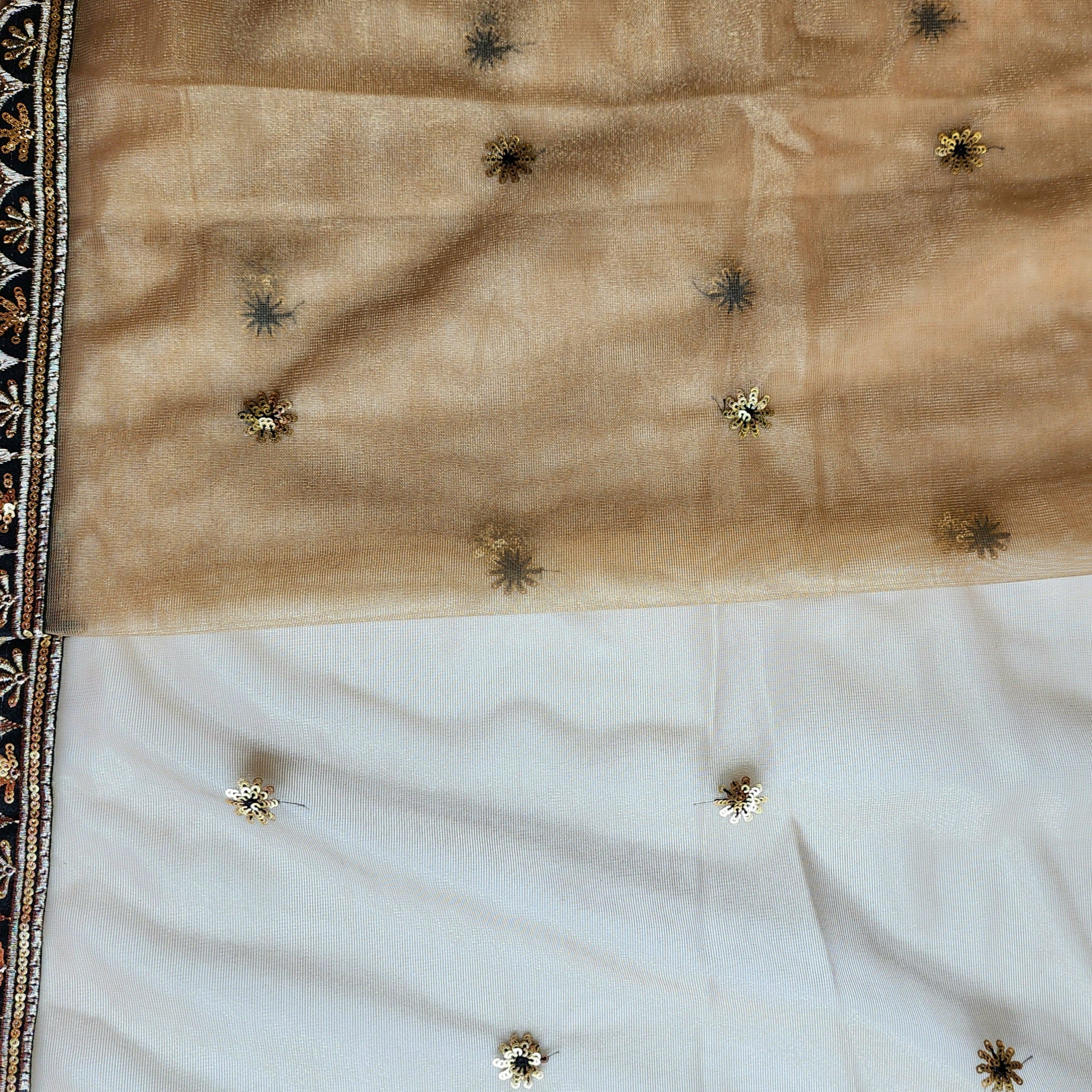 Beige Designer Net Saree with Heavy Embroidery Cut Work Border
