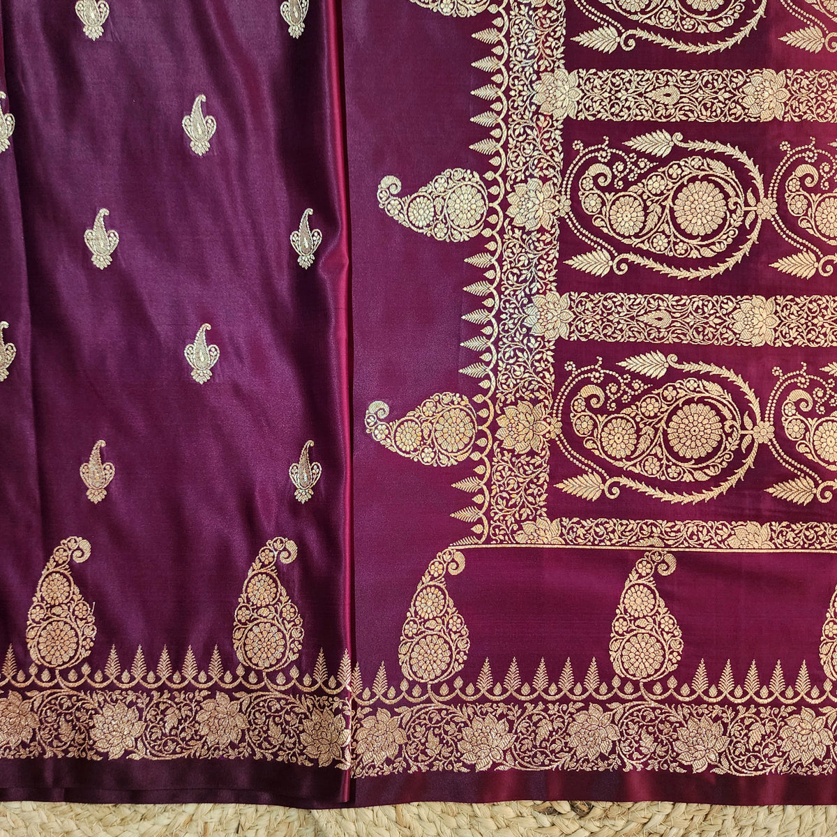 Wine Paisley Katan Silk Saree with Gold Zari