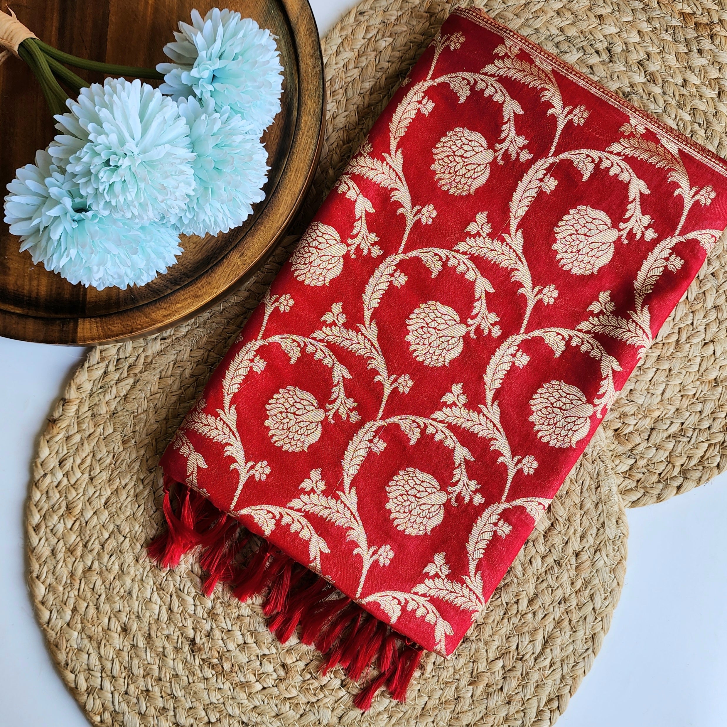 Red Banarasi Dupatta - Zari Blossom Motifs