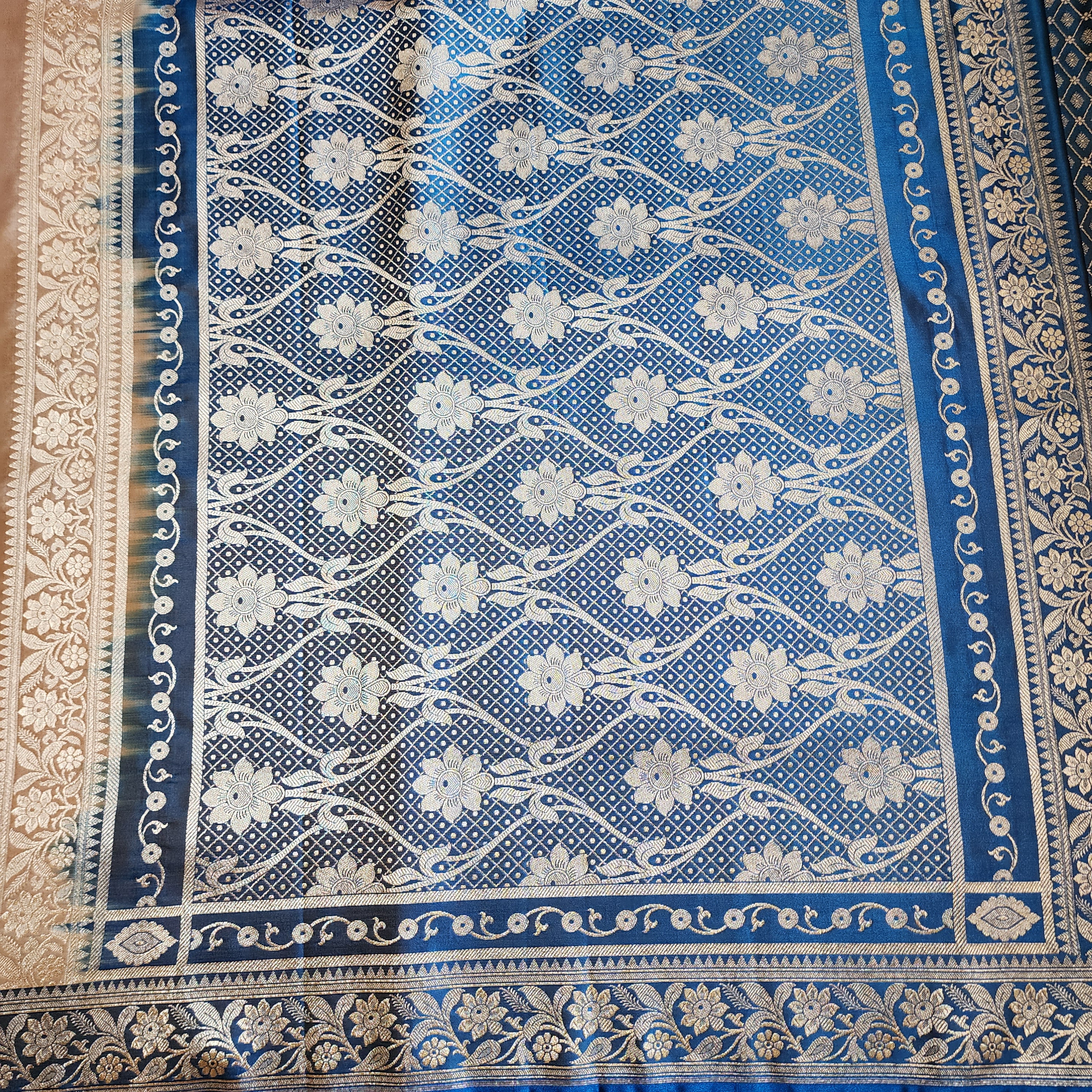 Champagne Beige Katan Silk Saree with Royal Blue and Gold Zari Border