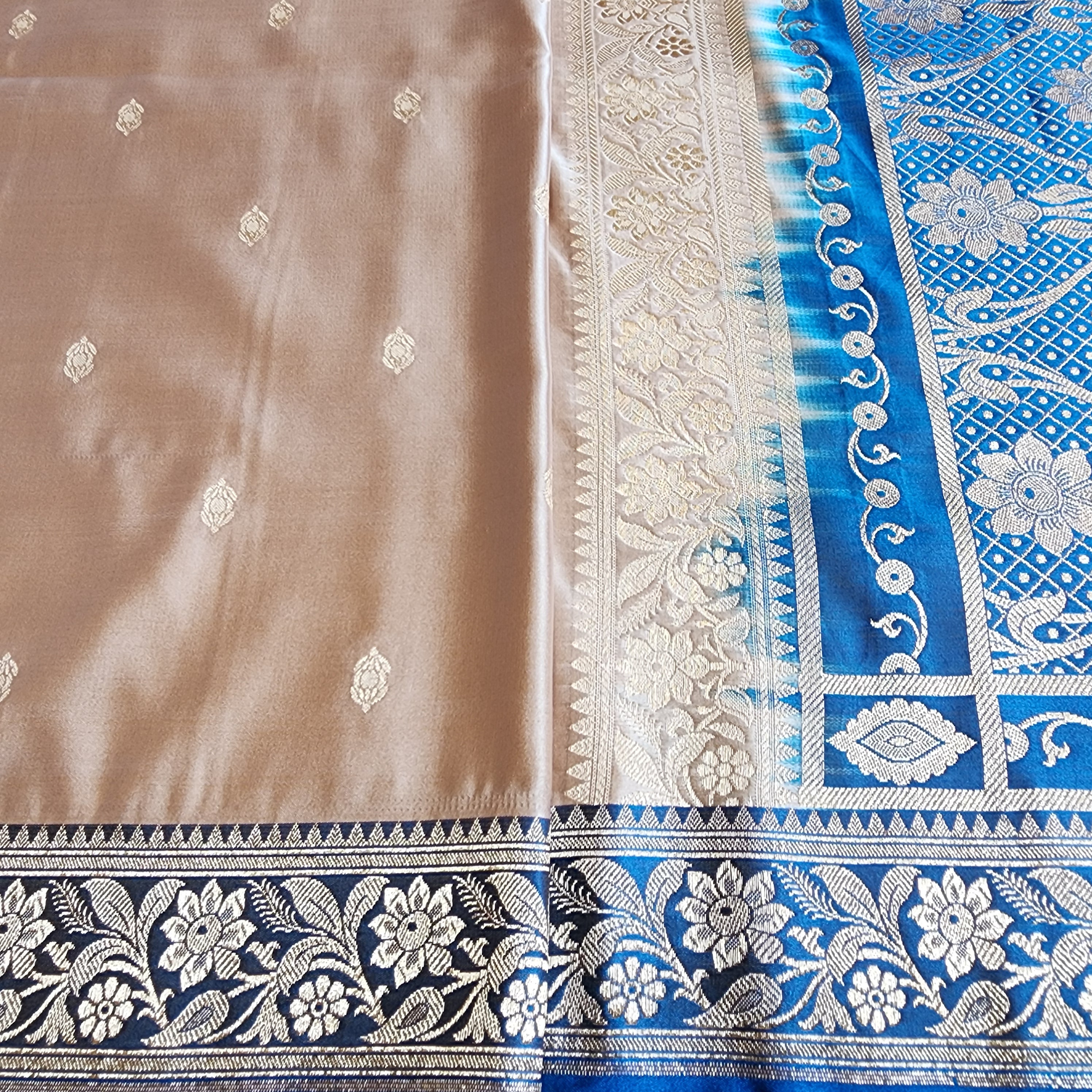 Champagne Beige Katan Silk Saree with Royal Blue and Gold Zari Border