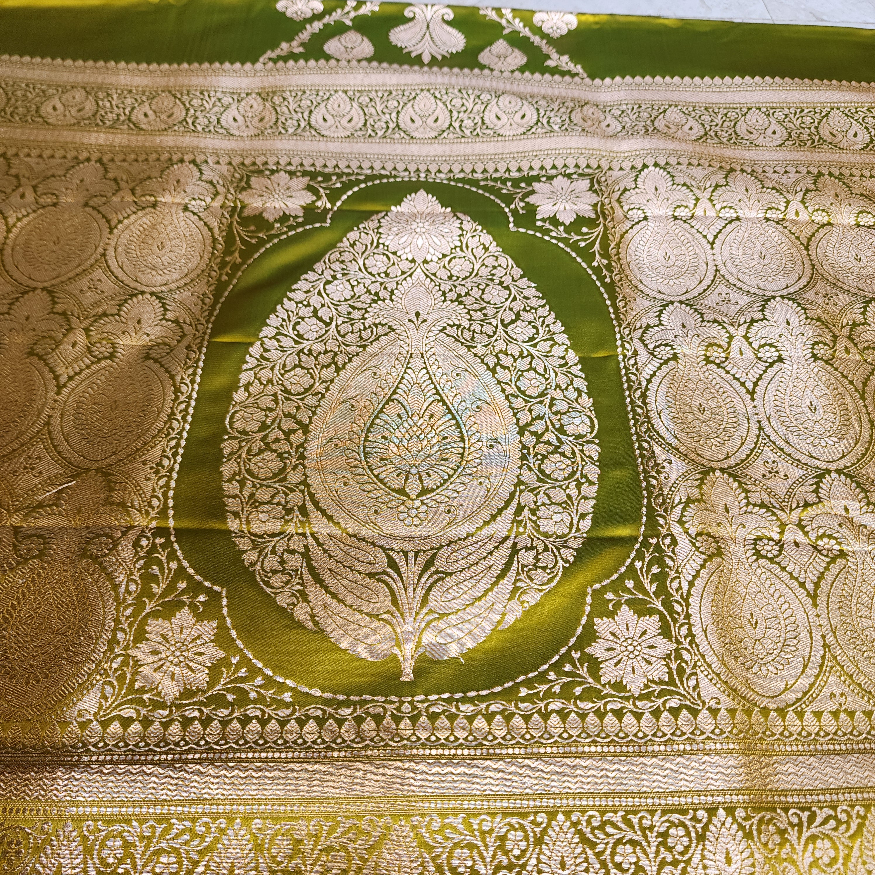 Olive Green Pure Banarasi Katan Silk Saree with light Gold Zari Weaving