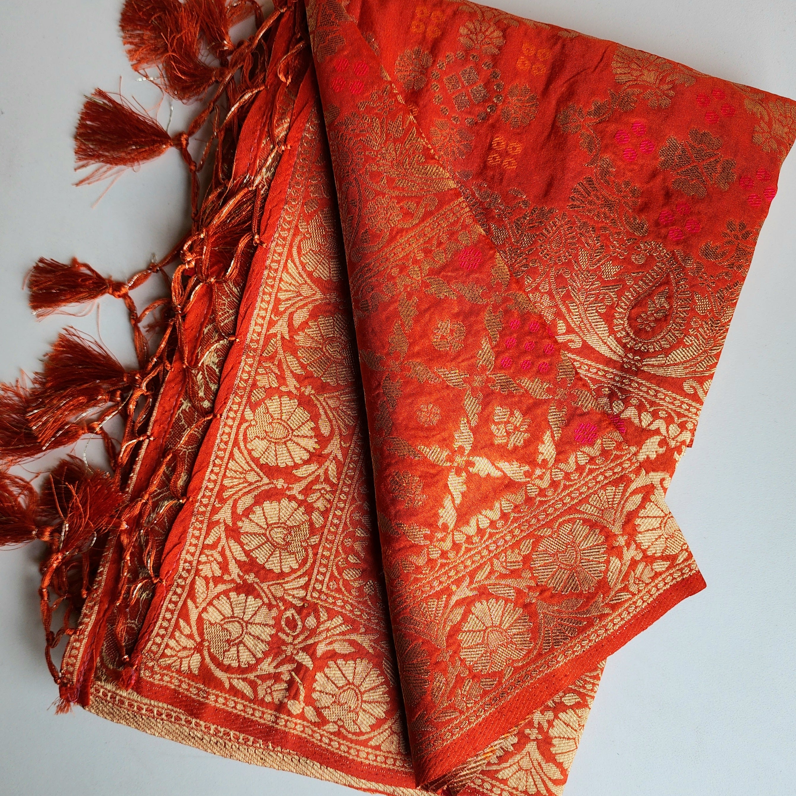 Burnt Orange Bandhani Dupatta with Floral and Geometric Zari Weave