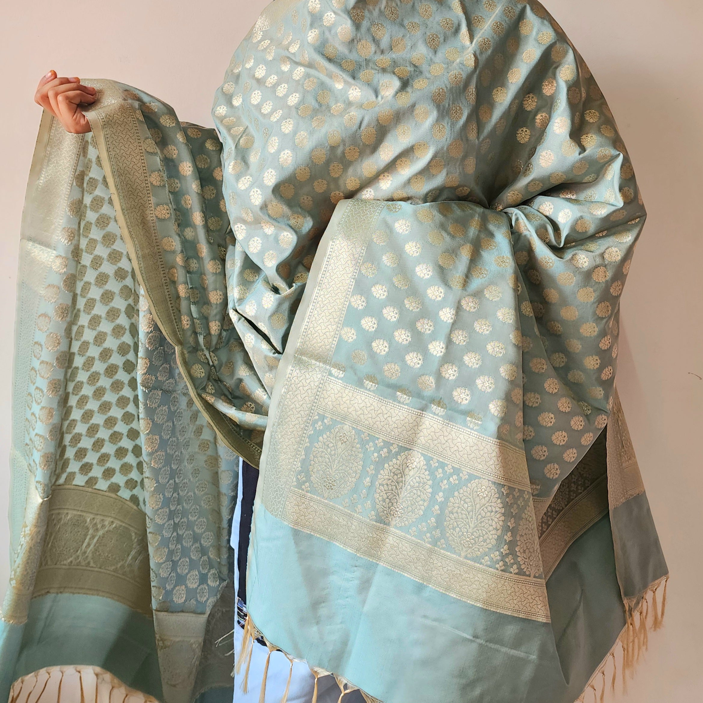 Dusty Mint Banarasi Dupatta with Soft Polka Dots
