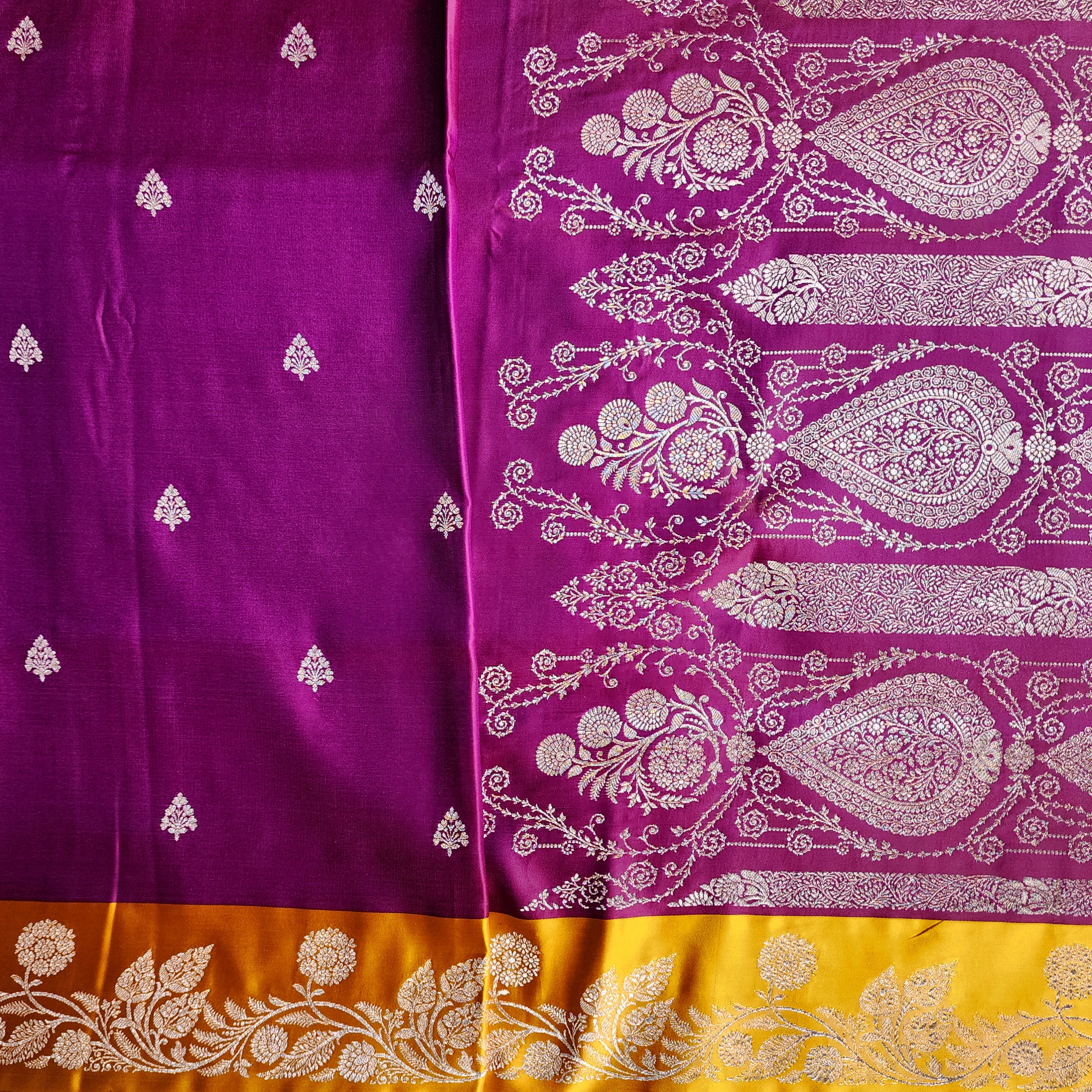 Wine Maroon Pure Banarasi Katan Silk Saree with Mustard Yellow Border