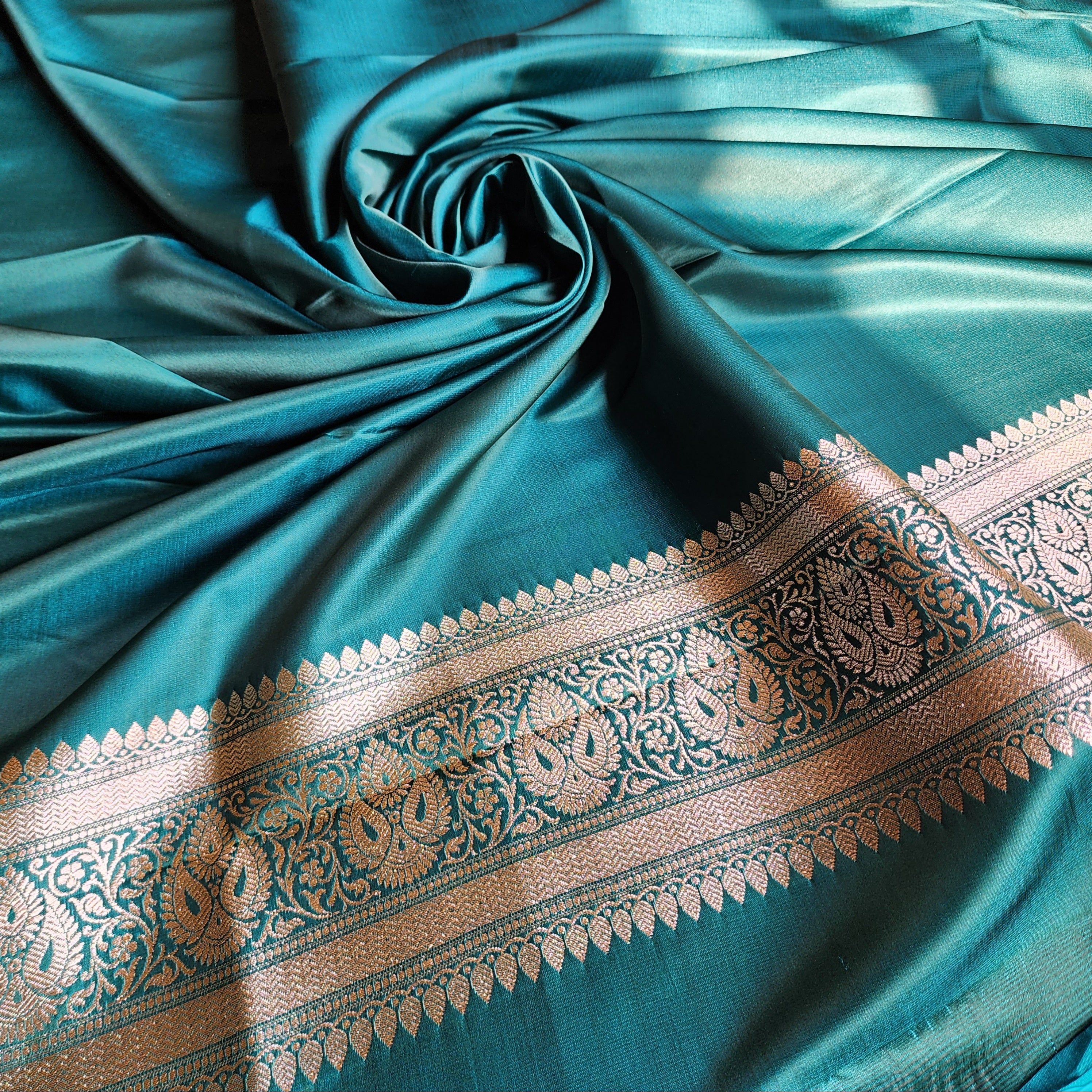 Dhoop Chhaon Teal Green Banarasi Katan Silk Saree