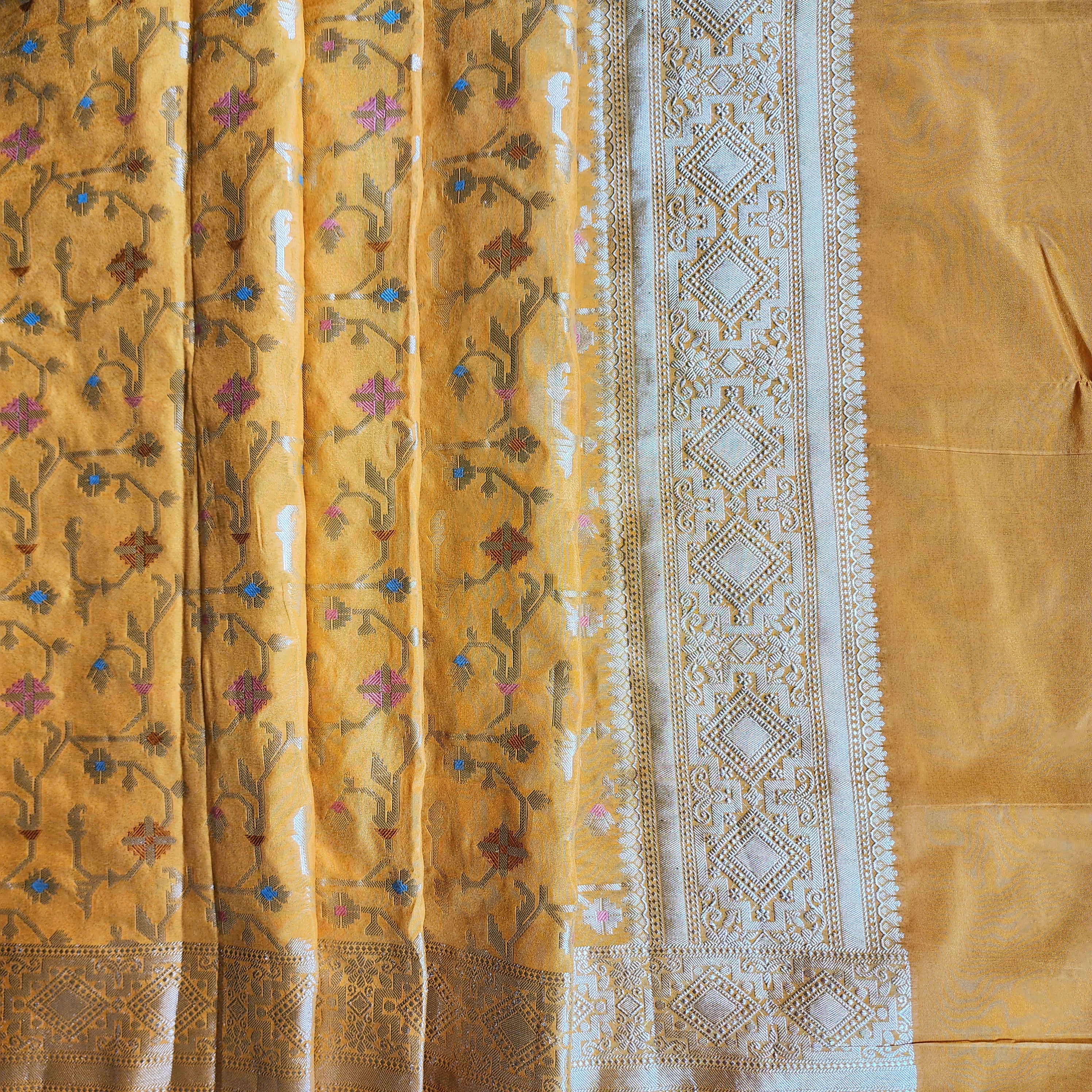 Golden Grid Banarasi Silk Dupatta with Meenakari Work in Mustard Yellow