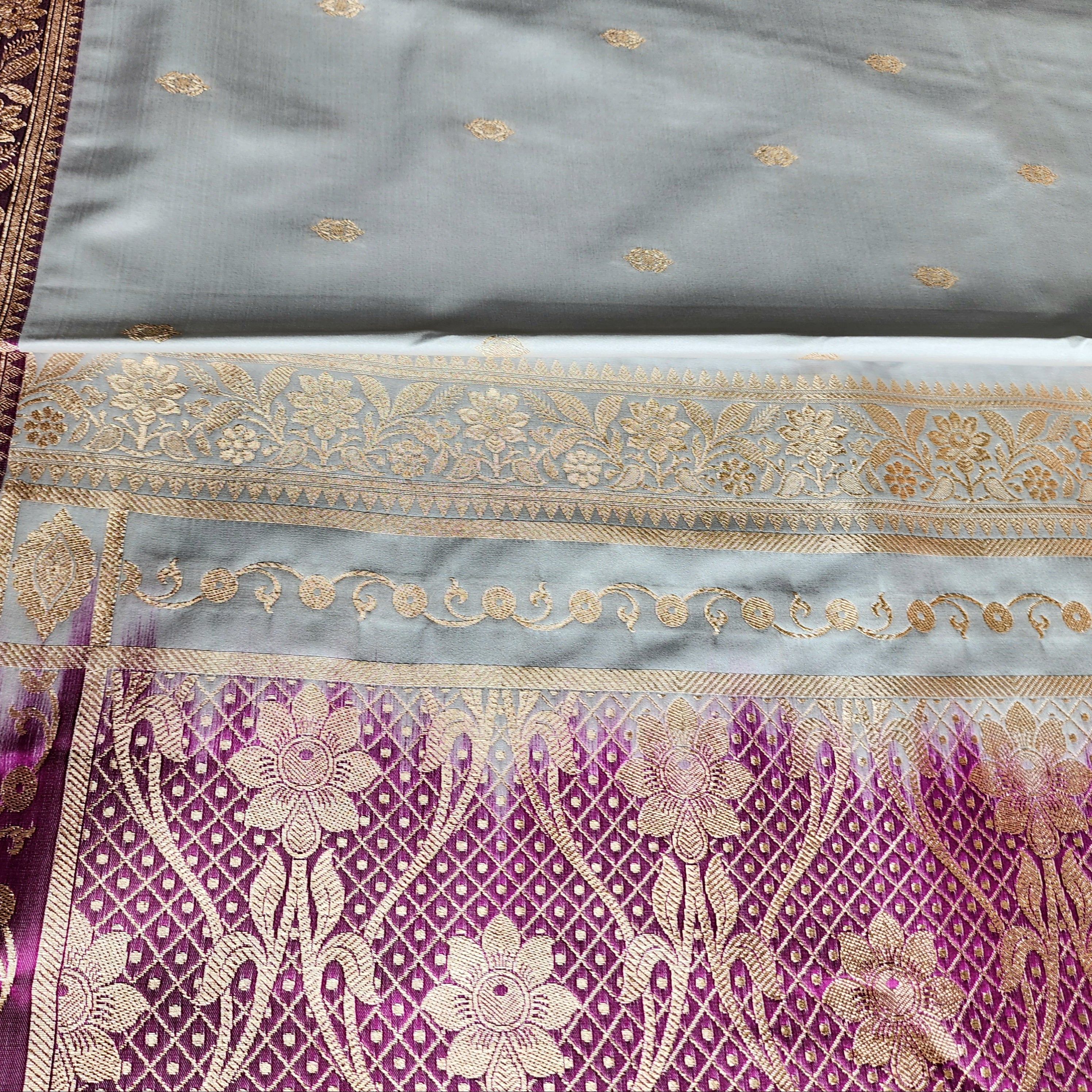 Powder Blue Katan Silk Saree with Purple and Gold Zari Border