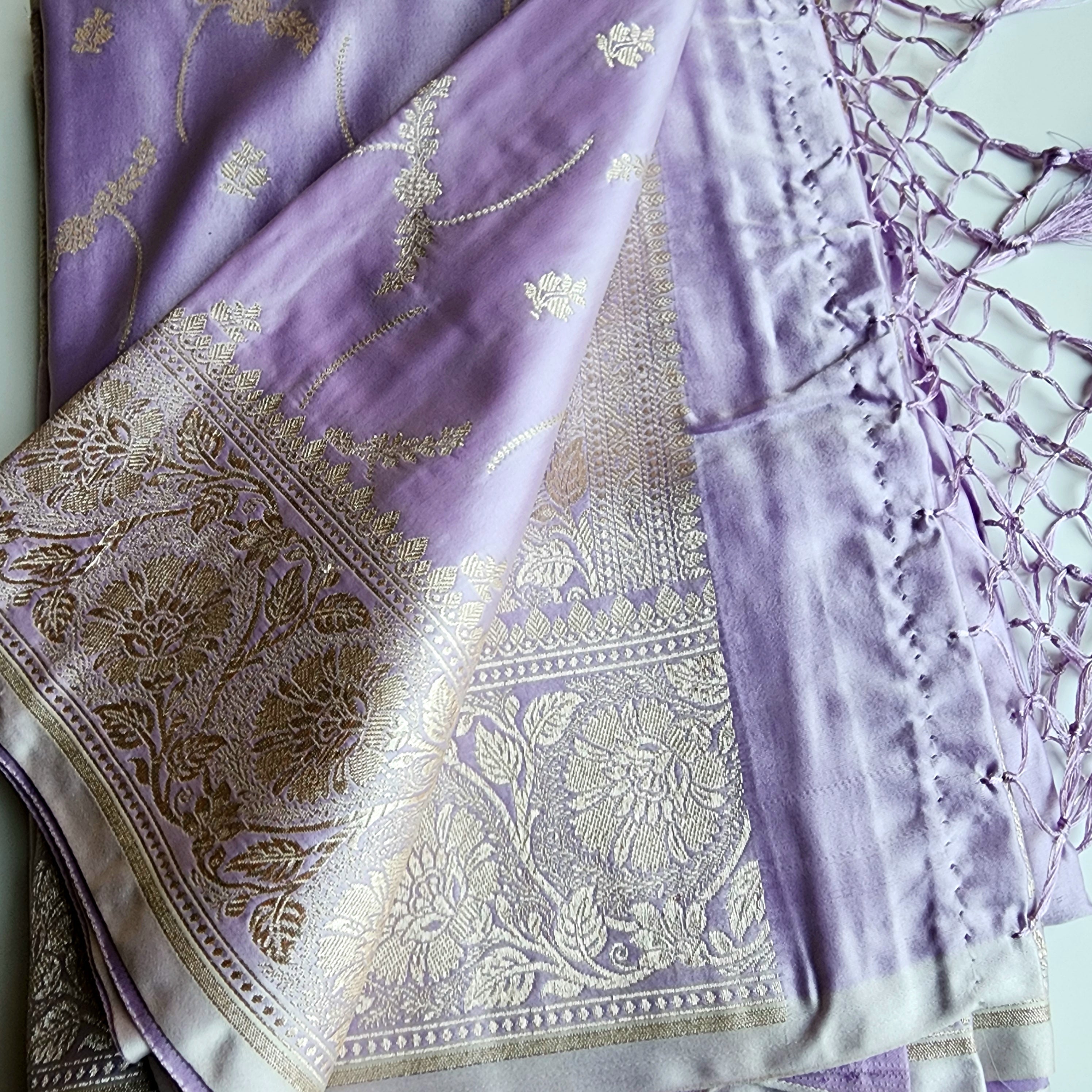 Pastel Lavender Grey Banarasi Katan Silk Saree with Light Gold Zari weaving