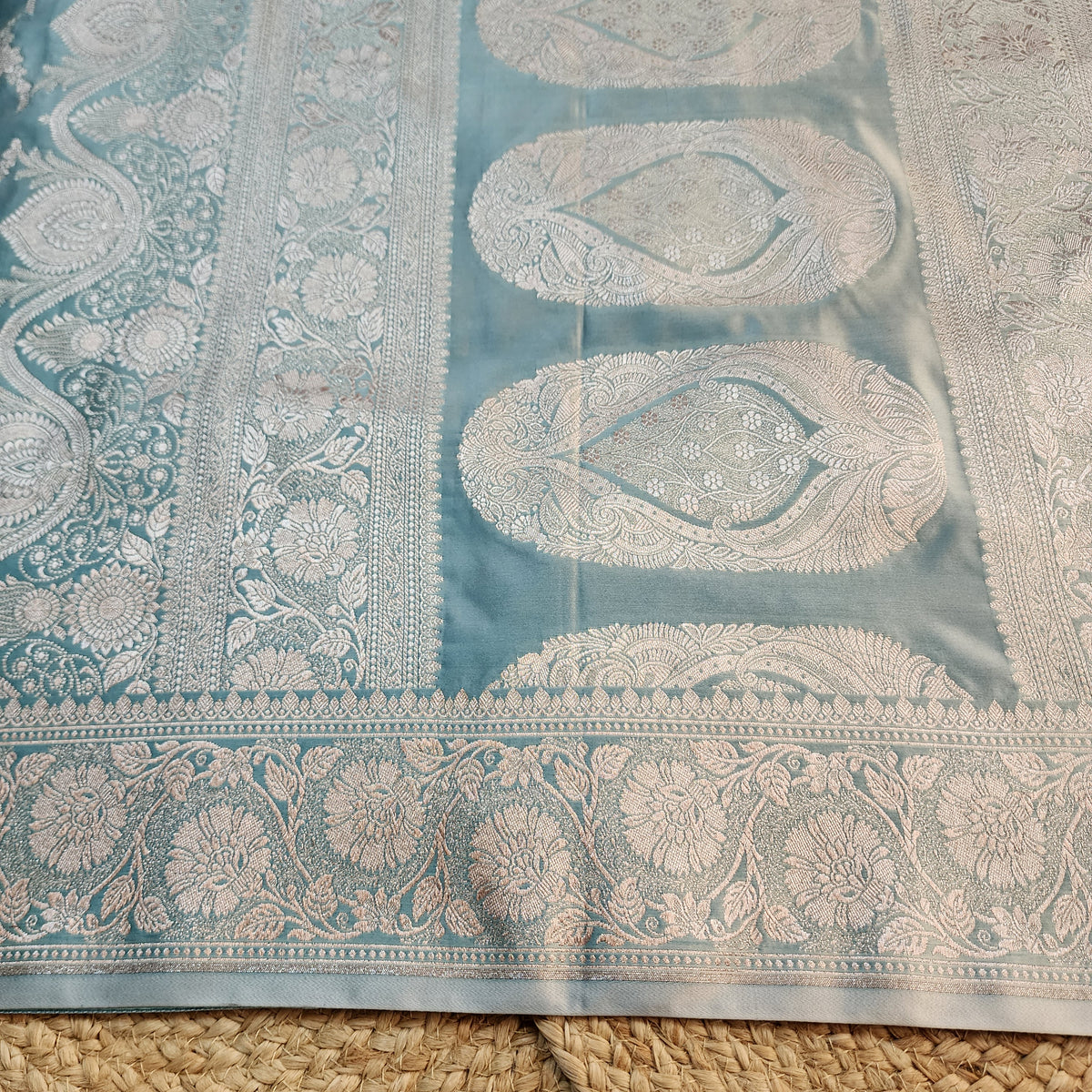 Dusty Blue Banarasi Katan Silk Saree with Floral Vine Jaal