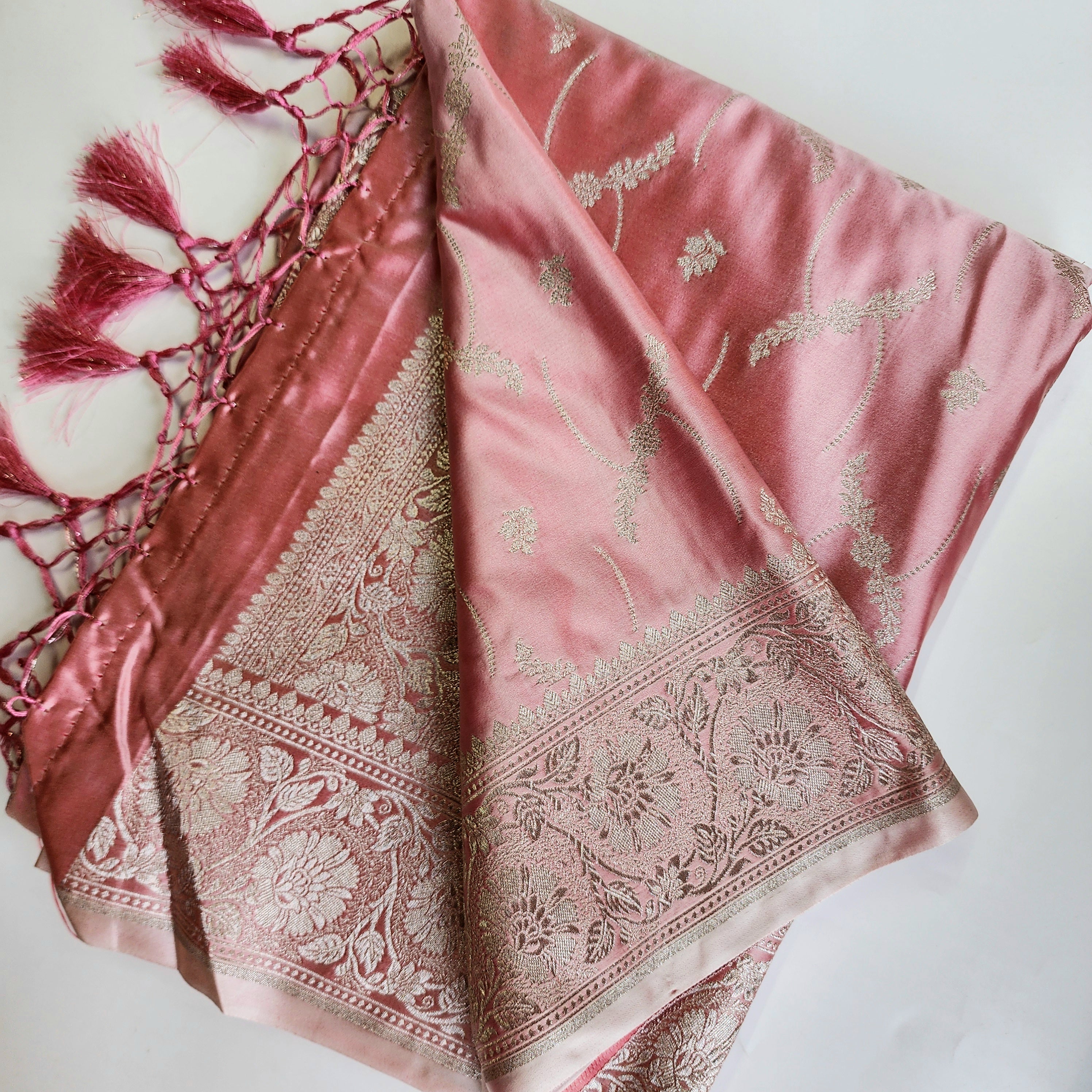 Pastel Baby Pink Banarasi Katan Silk Saree with Light Gold Zari weaving