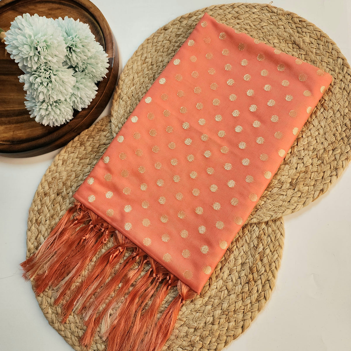 Coral Peach Banarasi Silk Dupatta with Gold Polka Dot