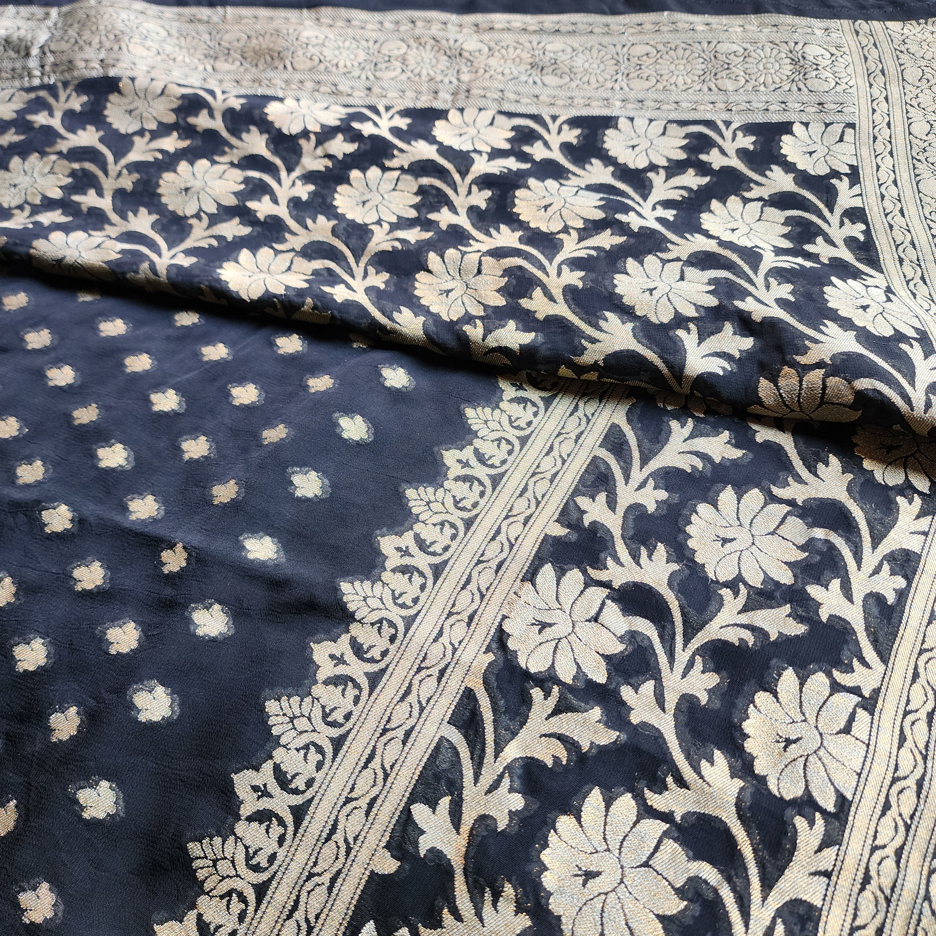 Elegant Black Khaddi Georgette Pure Banarasi Saree with Exquisite Golden Zari