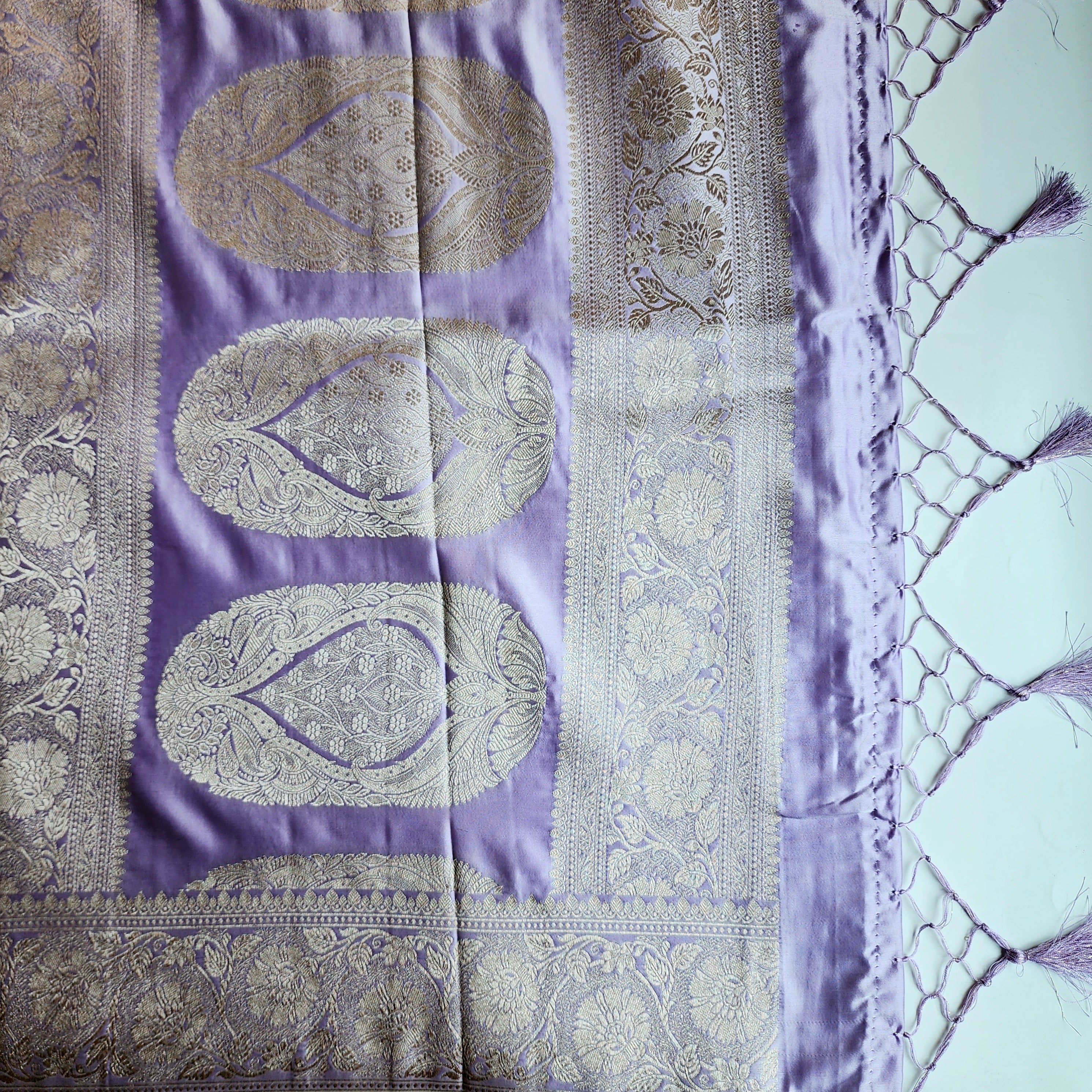 Pastel Lavender Grey Banarasi Katan Silk Saree with Light Gold Zari weaving