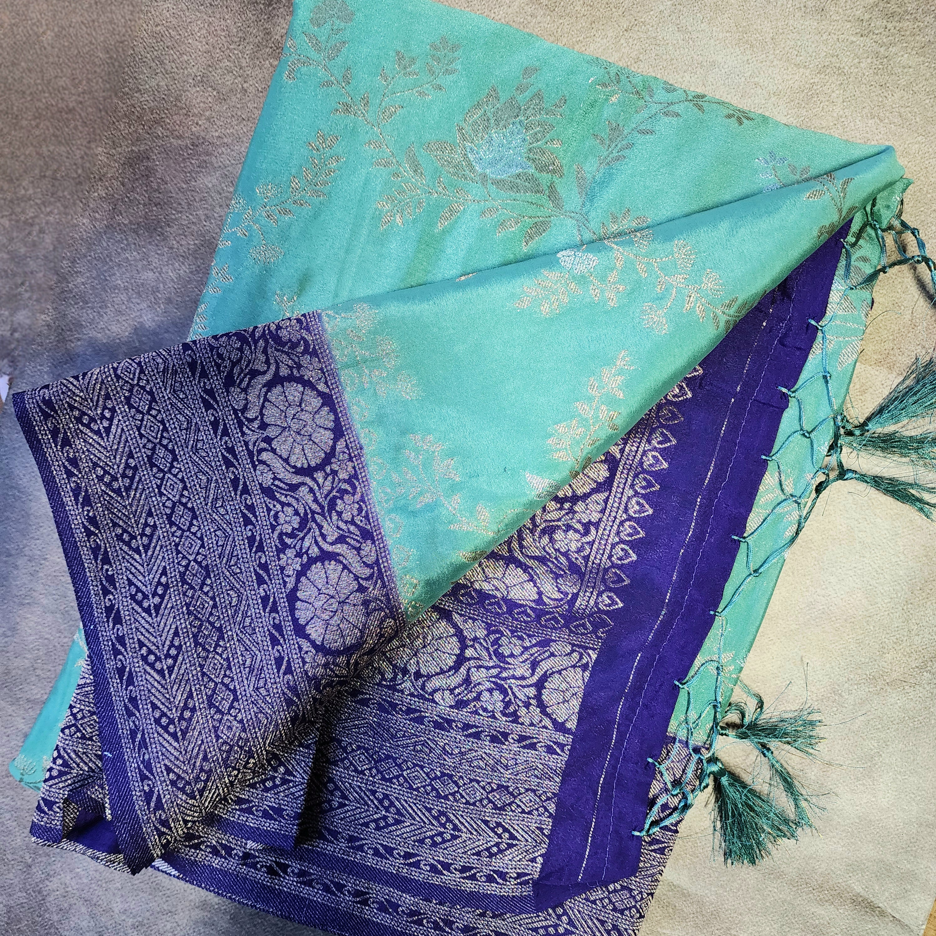 Mint Green Crepe Chiffon Saree with Violet Border