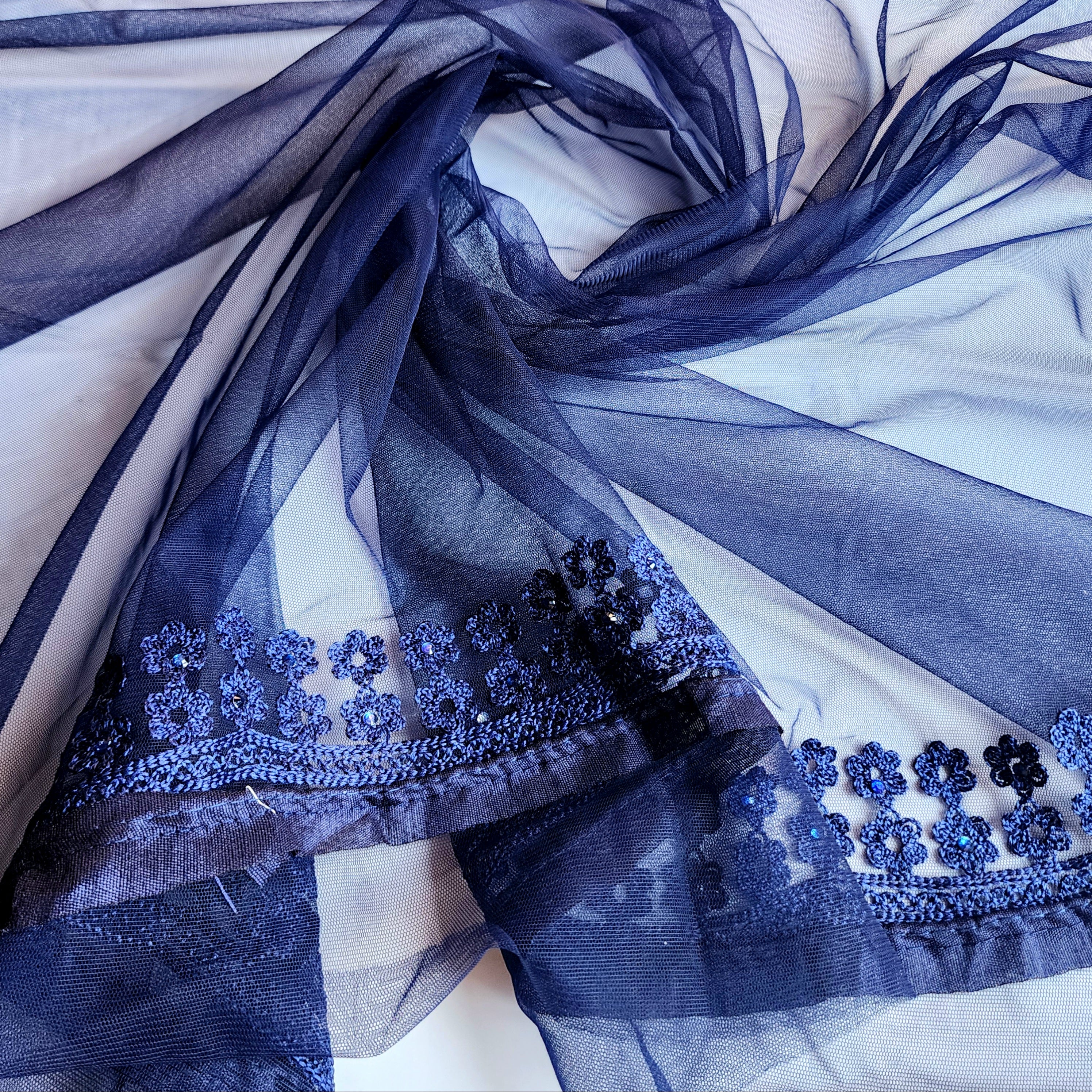 Embroidered Net Designer Saree in Dark Blue