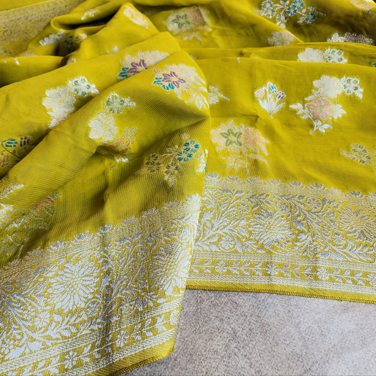 Yellowish Green Muslin Silk Saree with Floral Weave