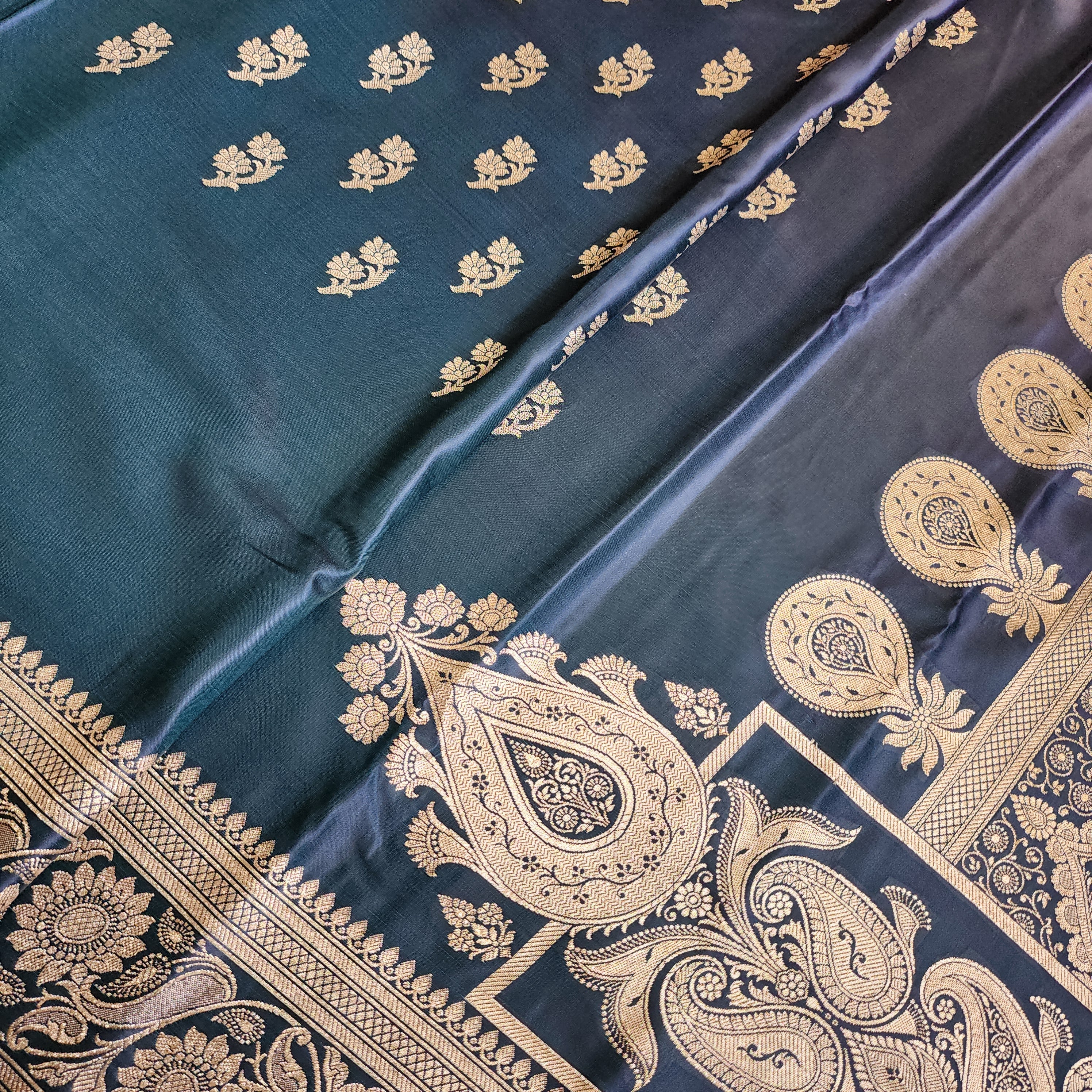 Teal Blue Pure Banarasi Katan Silk Saree with light Gold Zari Weaving
