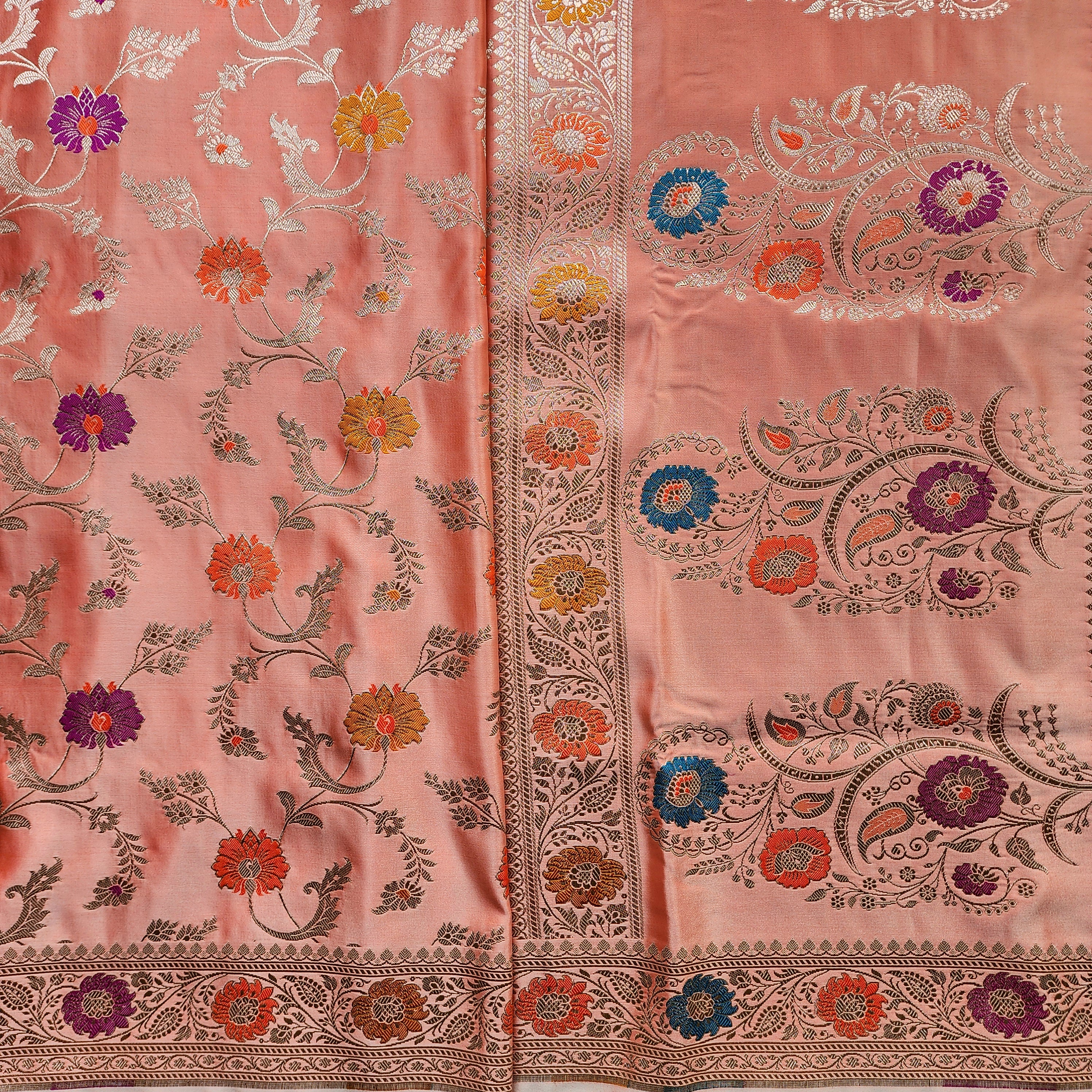 Enriched Banarasi Katan Silk Saree | Peach Multicolor Meenakari Floral Jaal