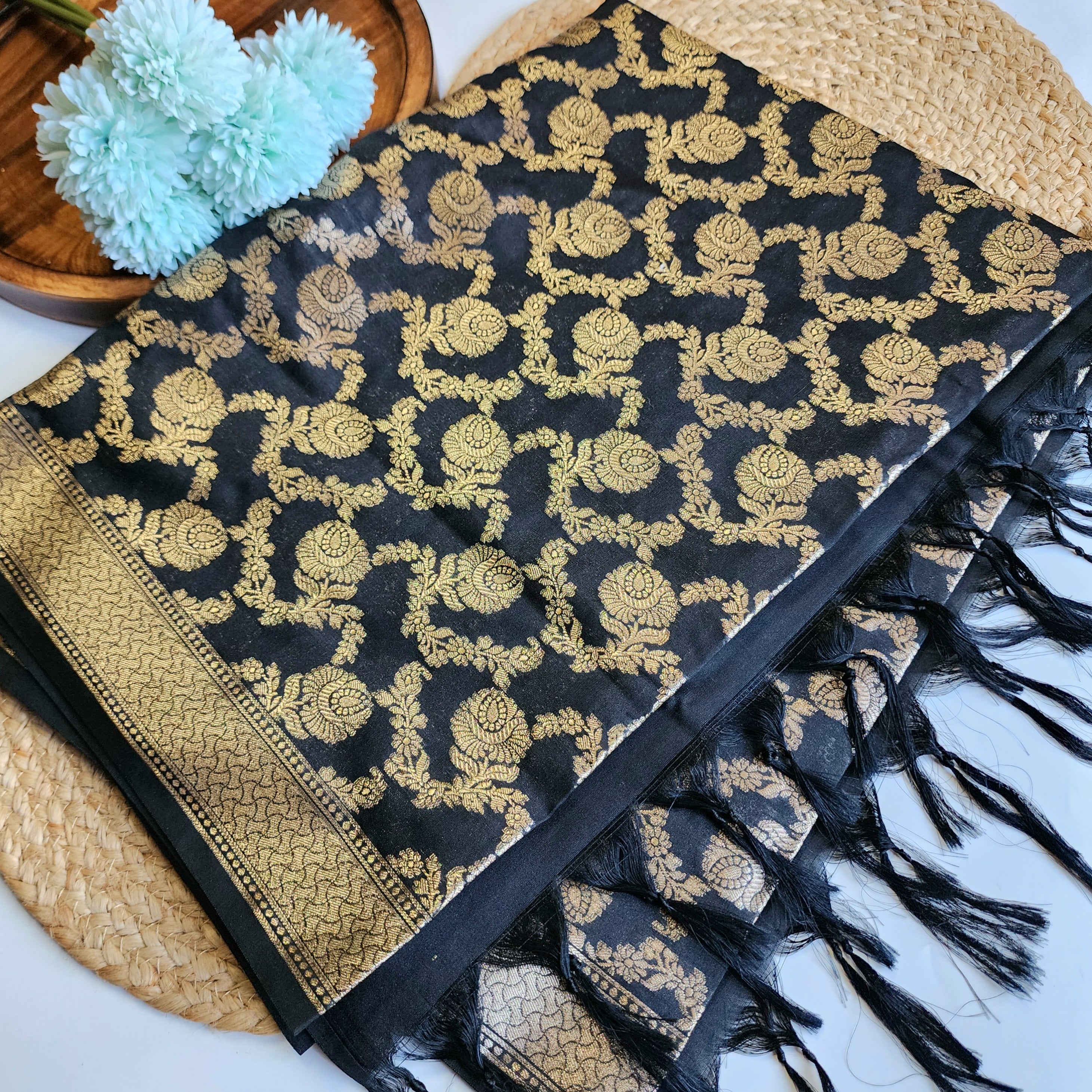 Black Floral Jaal Dupatta with Mughal-Inspired Zari Border